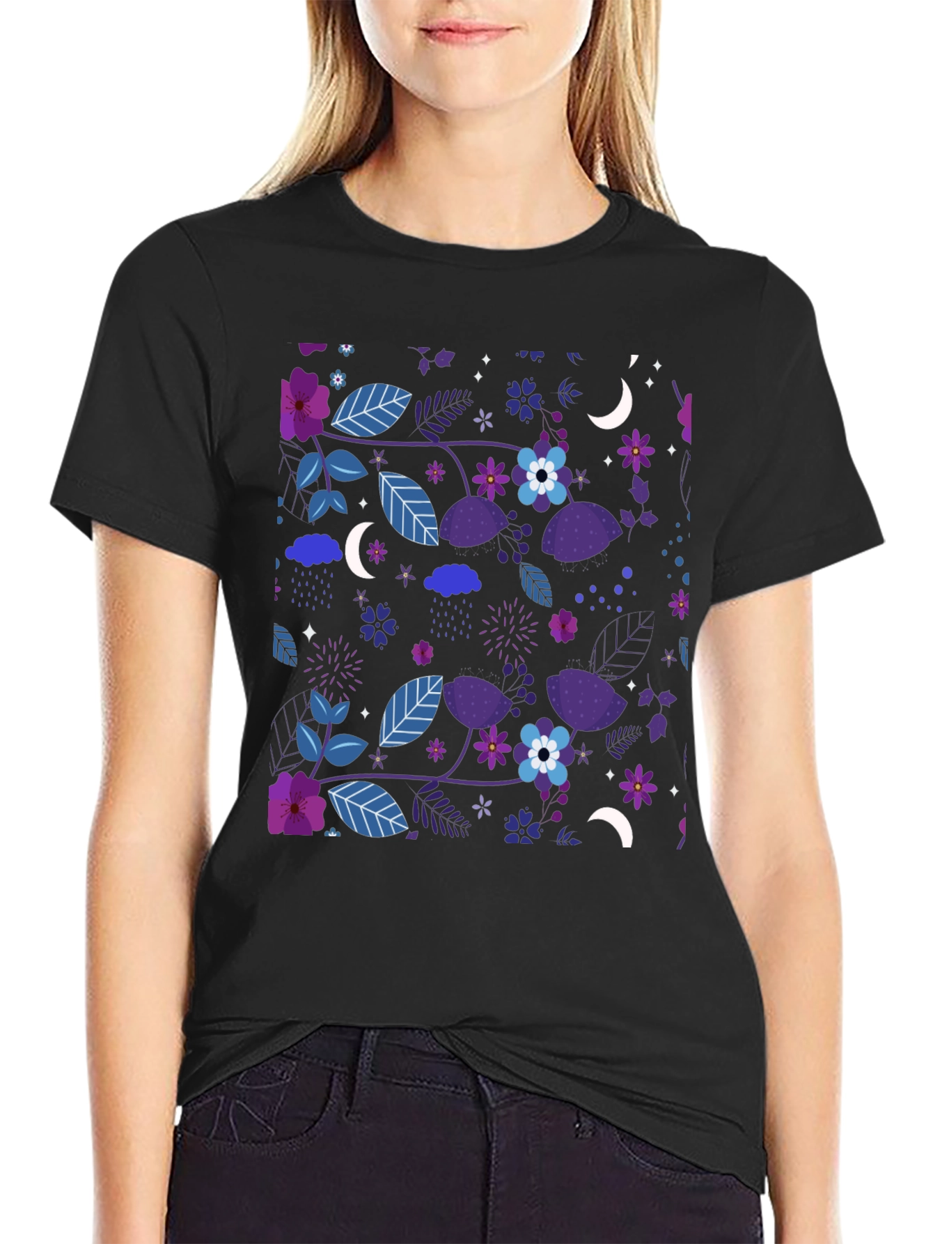 Floral Moon Mens Black Graphic Tee