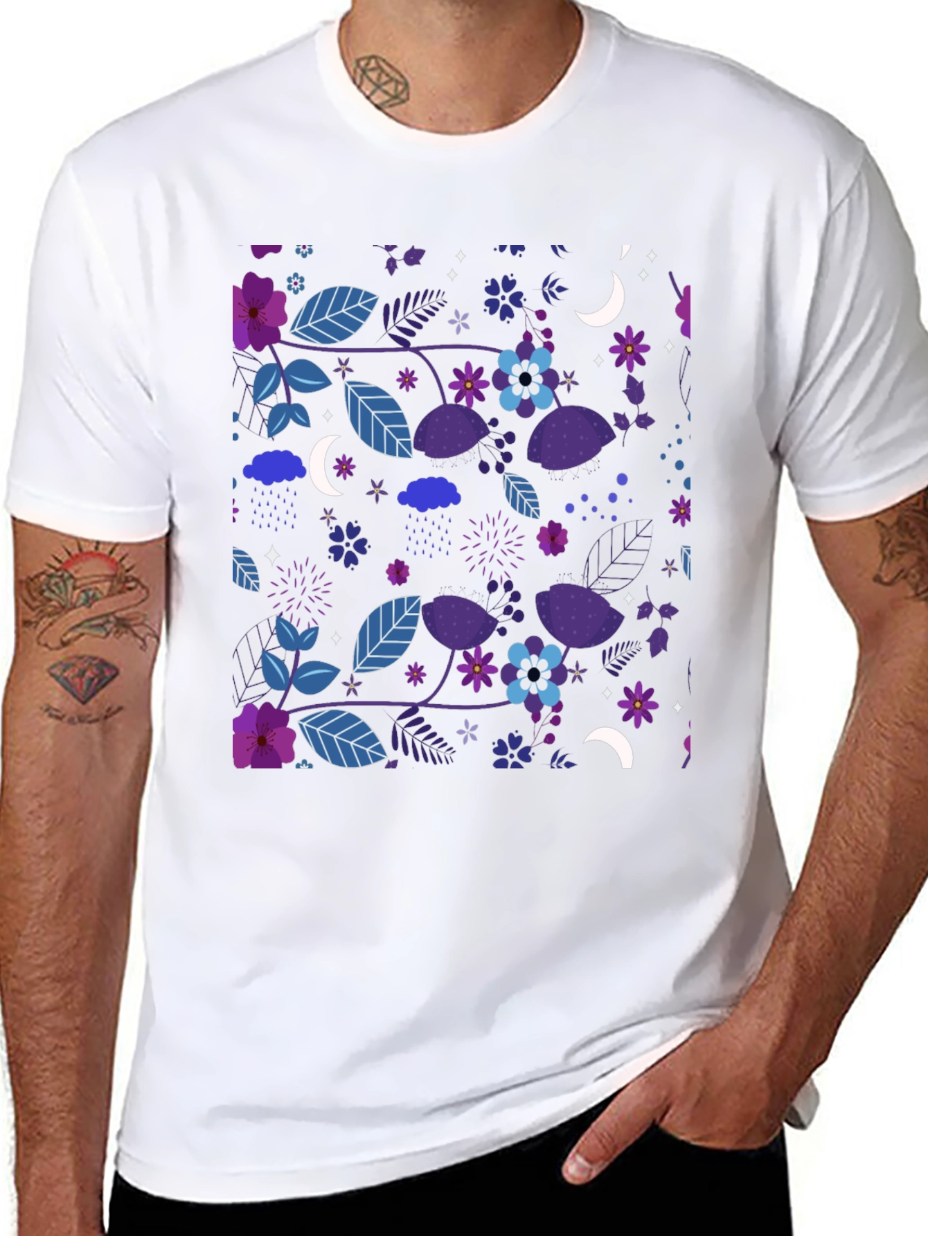 Floral Moon Mens Black Graphic Tee