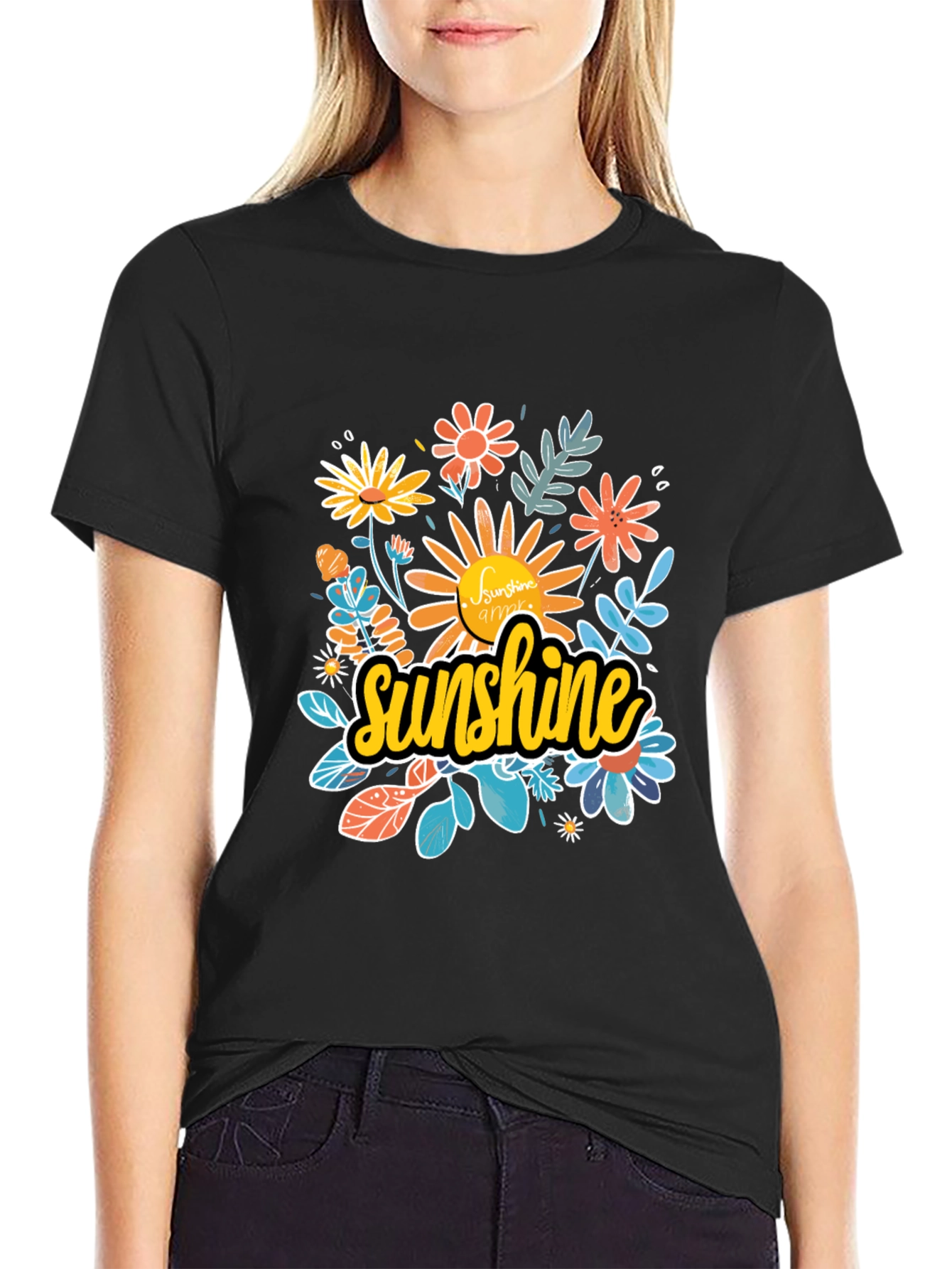 Sunshine Floral Graphic Black T-Shirt