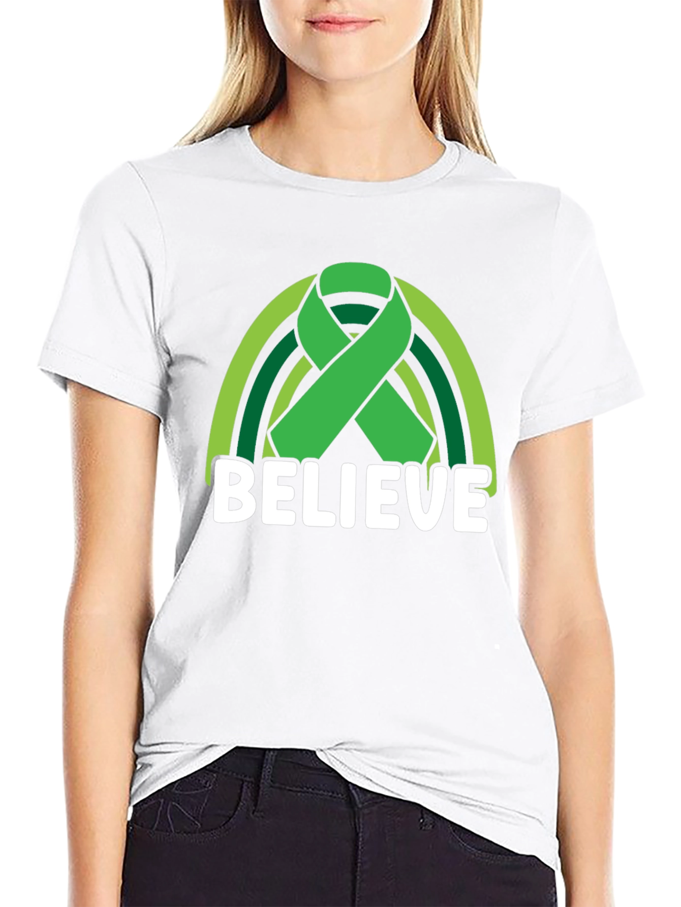 Believe Green Ribbon Rainbow Graphic T-Shirt