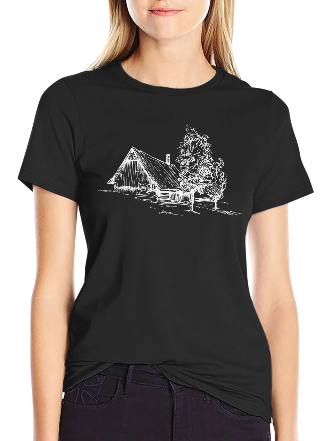 Rustic Cabin Sketch Black T-Shirt