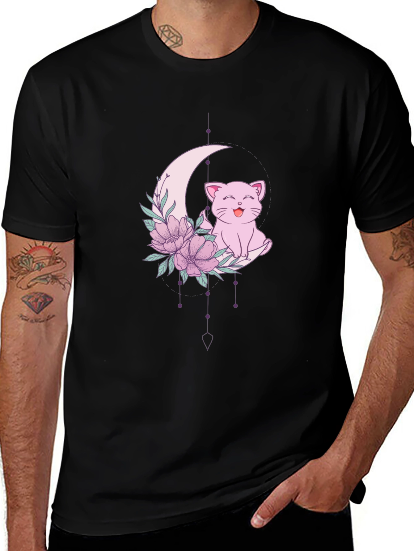 Cute Cat Moon Floral Graphic Tee