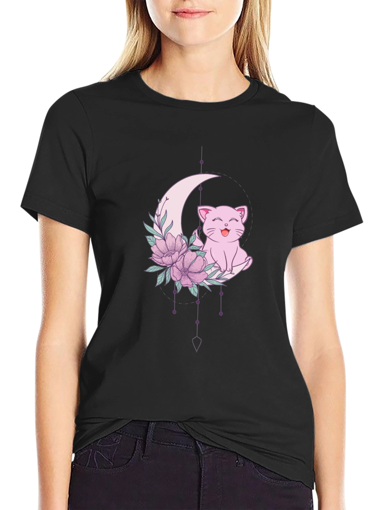 Cute Cat Moon Floral Graphic Tee