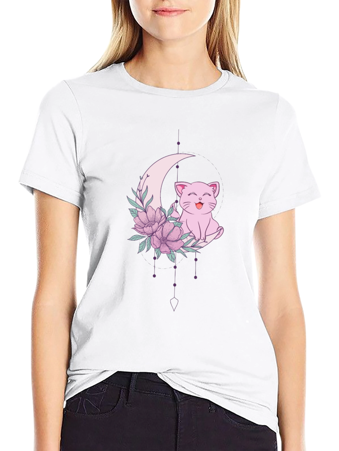 Cute Cat Moon Floral Graphic Tee