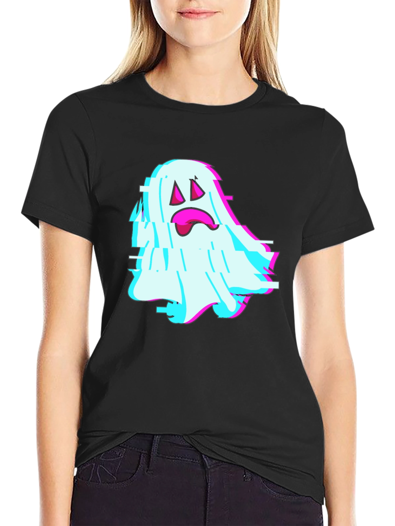 Glitch Ghost Graphic Tee - Soft Black Cotton Blend