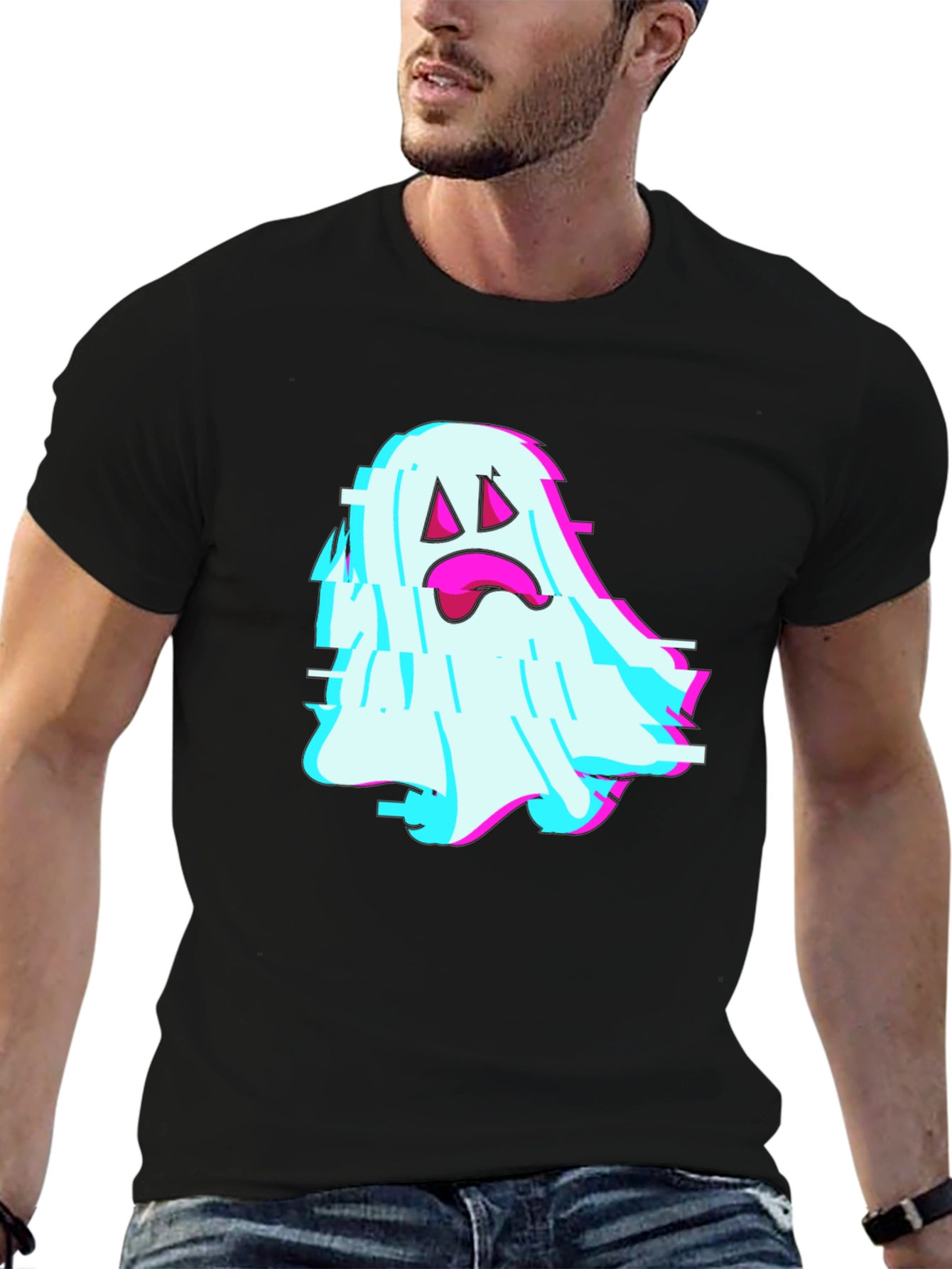 Glitch Ghost Graphic Tee - Soft Black Cotton Blend