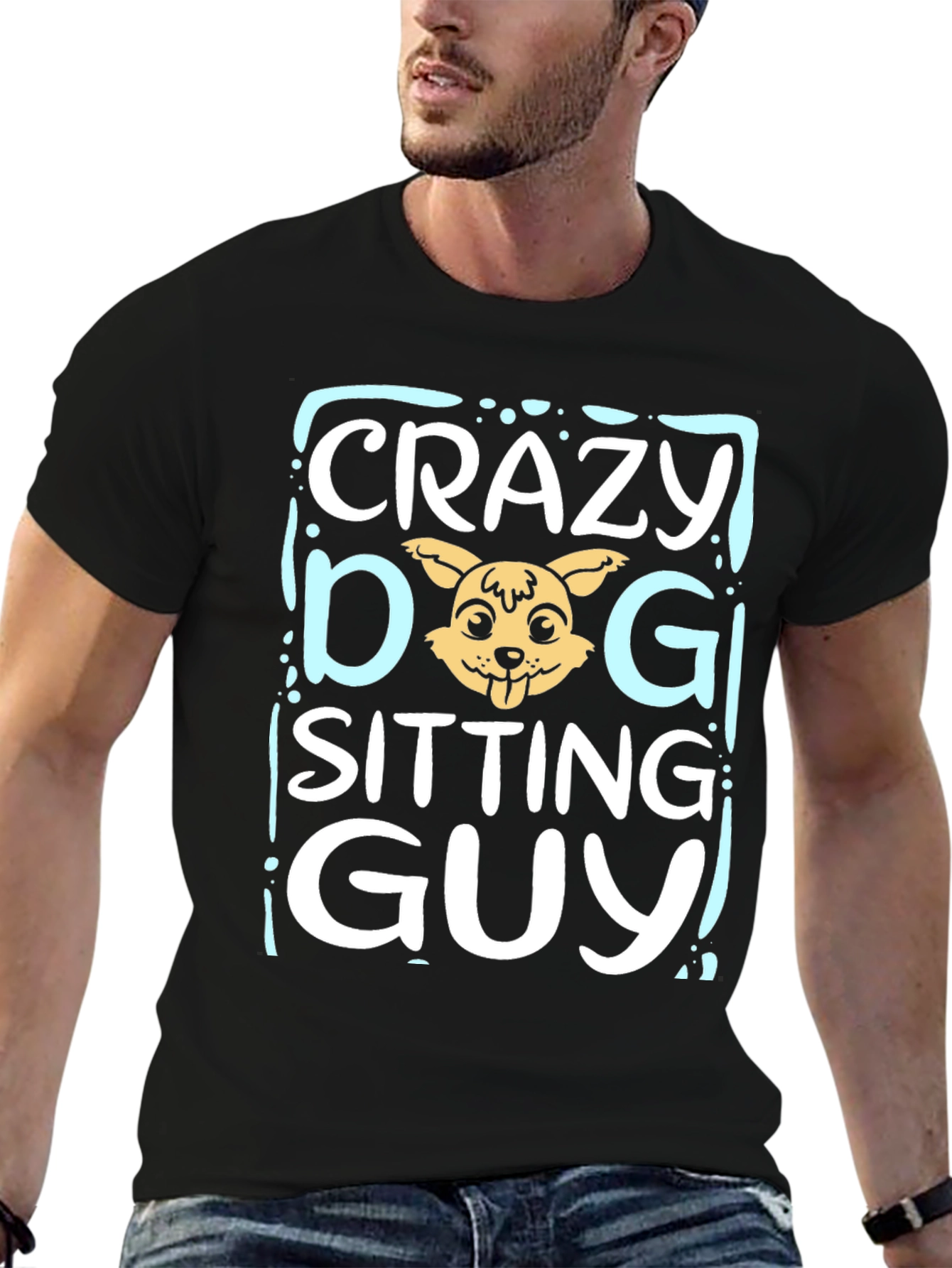 Crazy Dog Sitting Guy Black Graphic T-Shirt