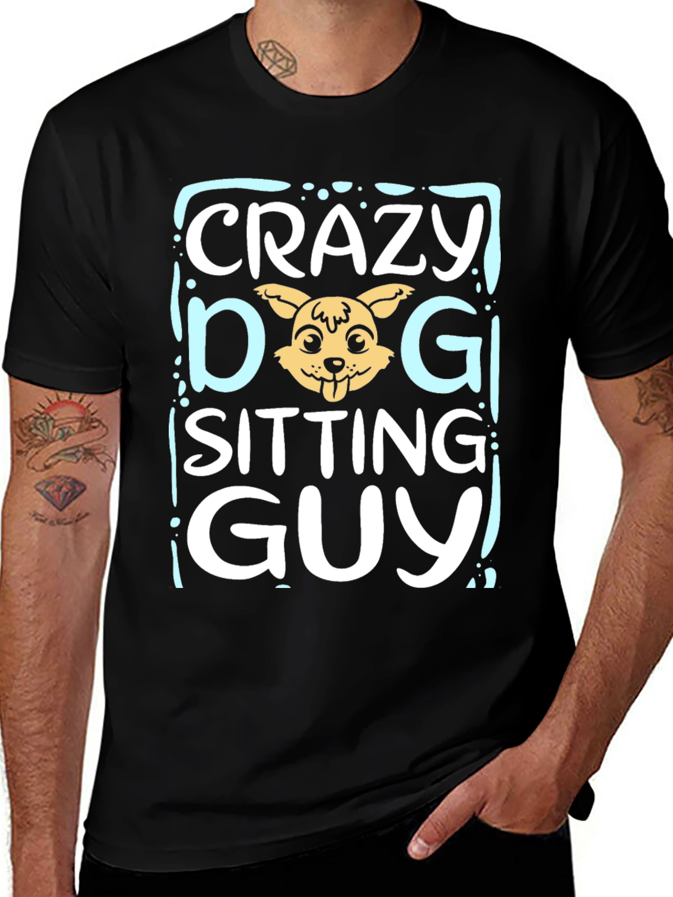 Crazy Dog Sitting Guy Black Graphic T-Shirt