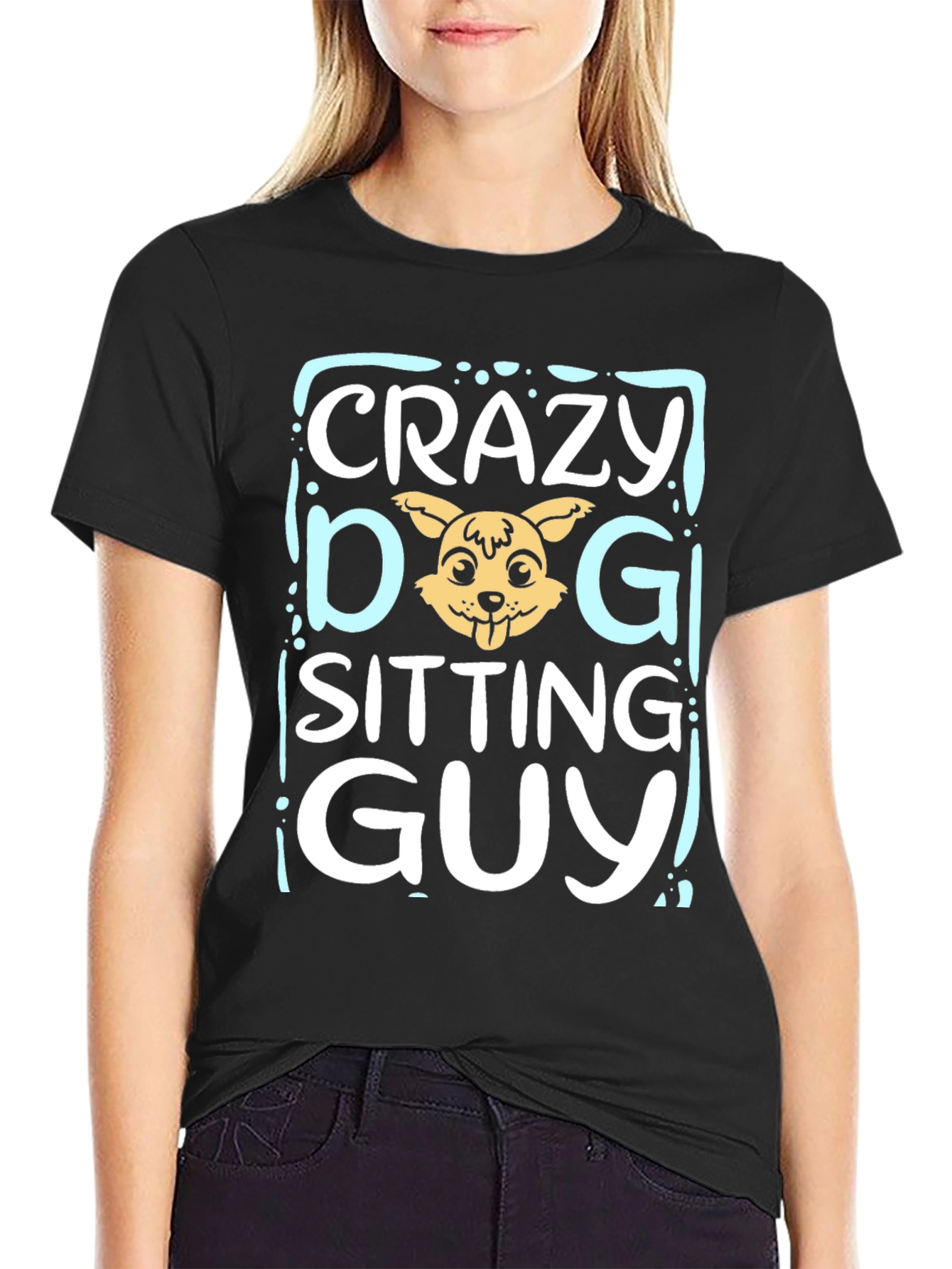 Crazy Dog Sitting Guy Black Graphic T-Shirt