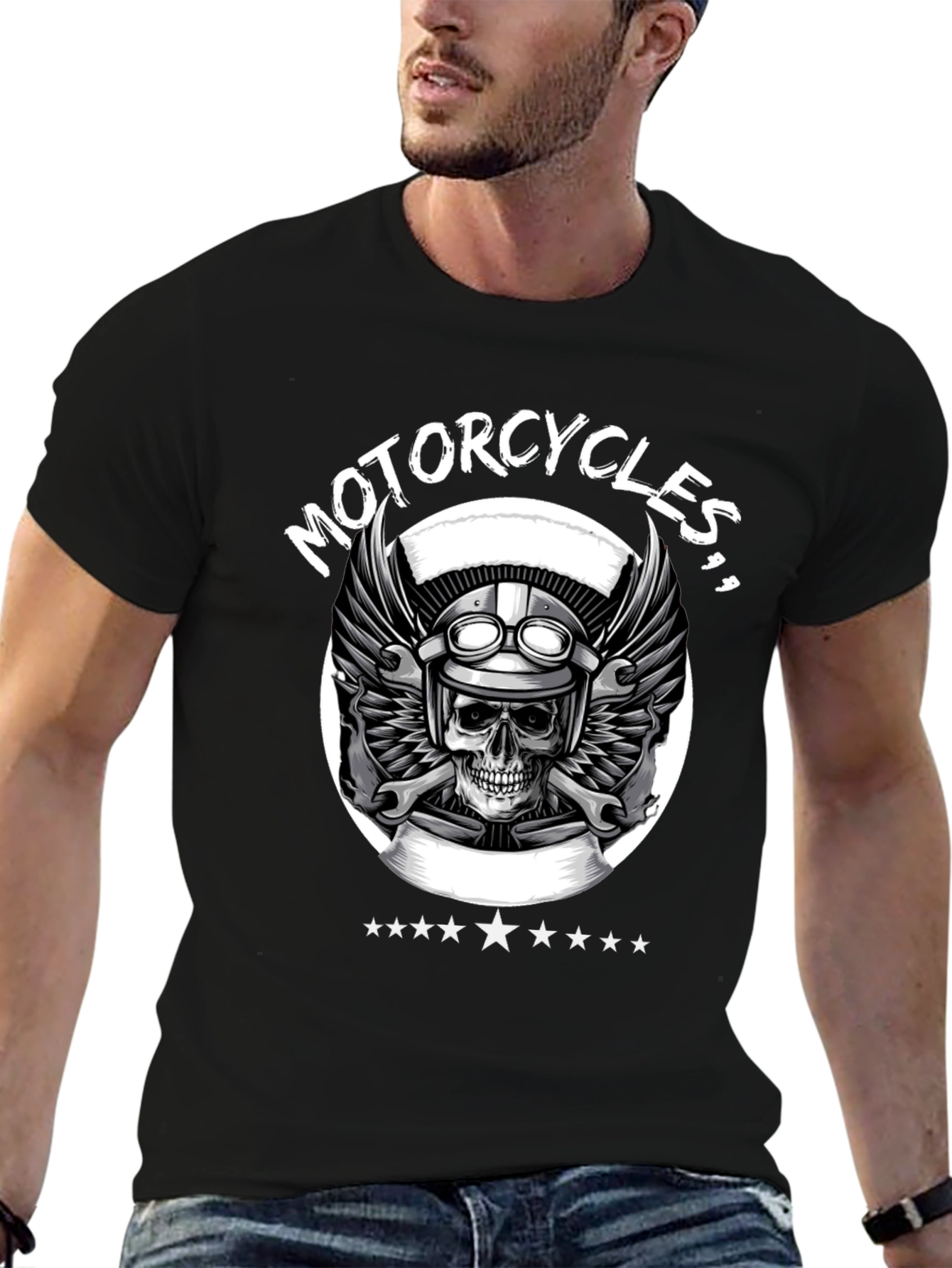 Motorcycle Skull Graphic Tee - Black Biker T-Shirt