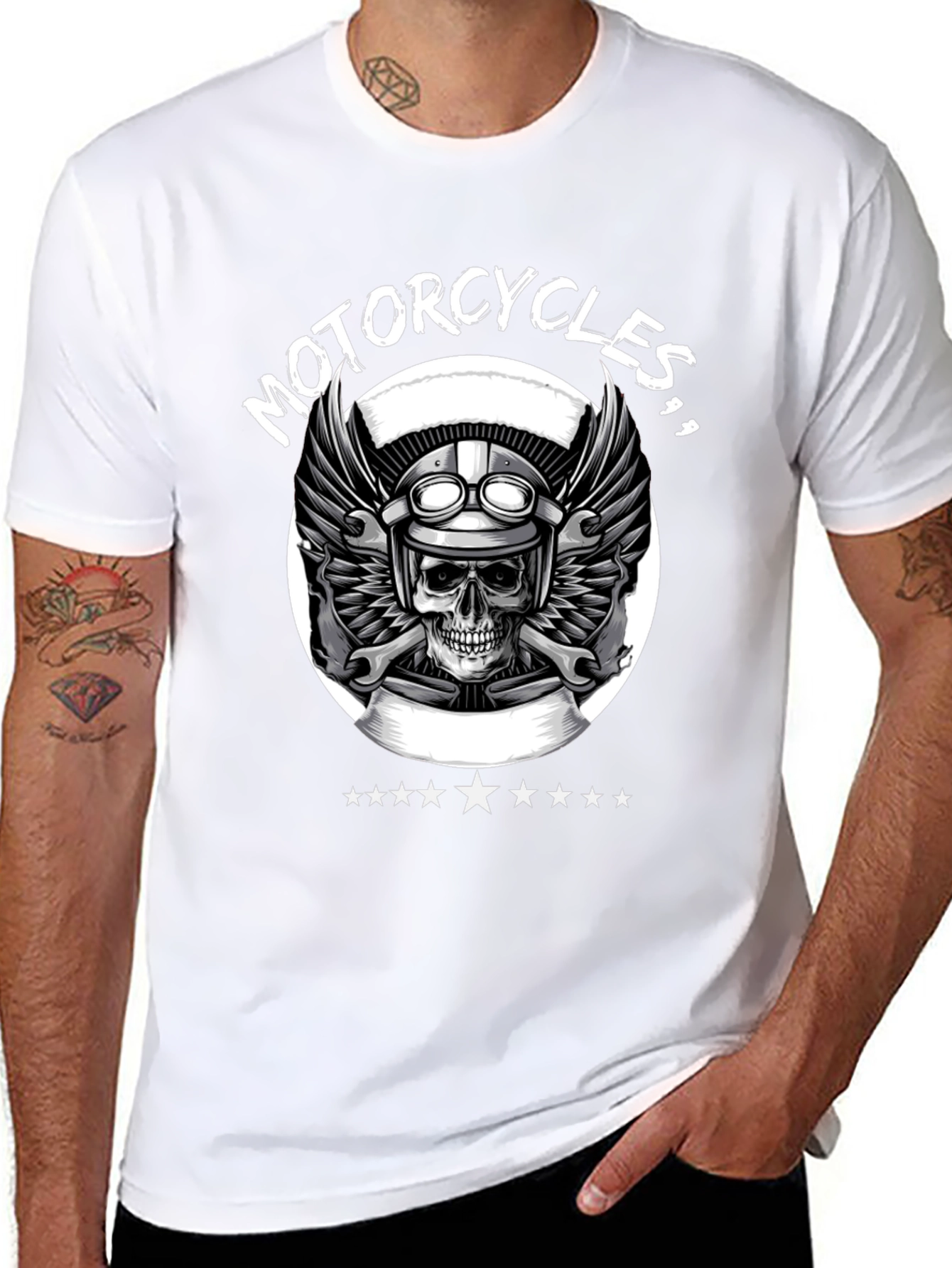 Motorcycle Skull Graphic Tee - Black Biker T-Shirt