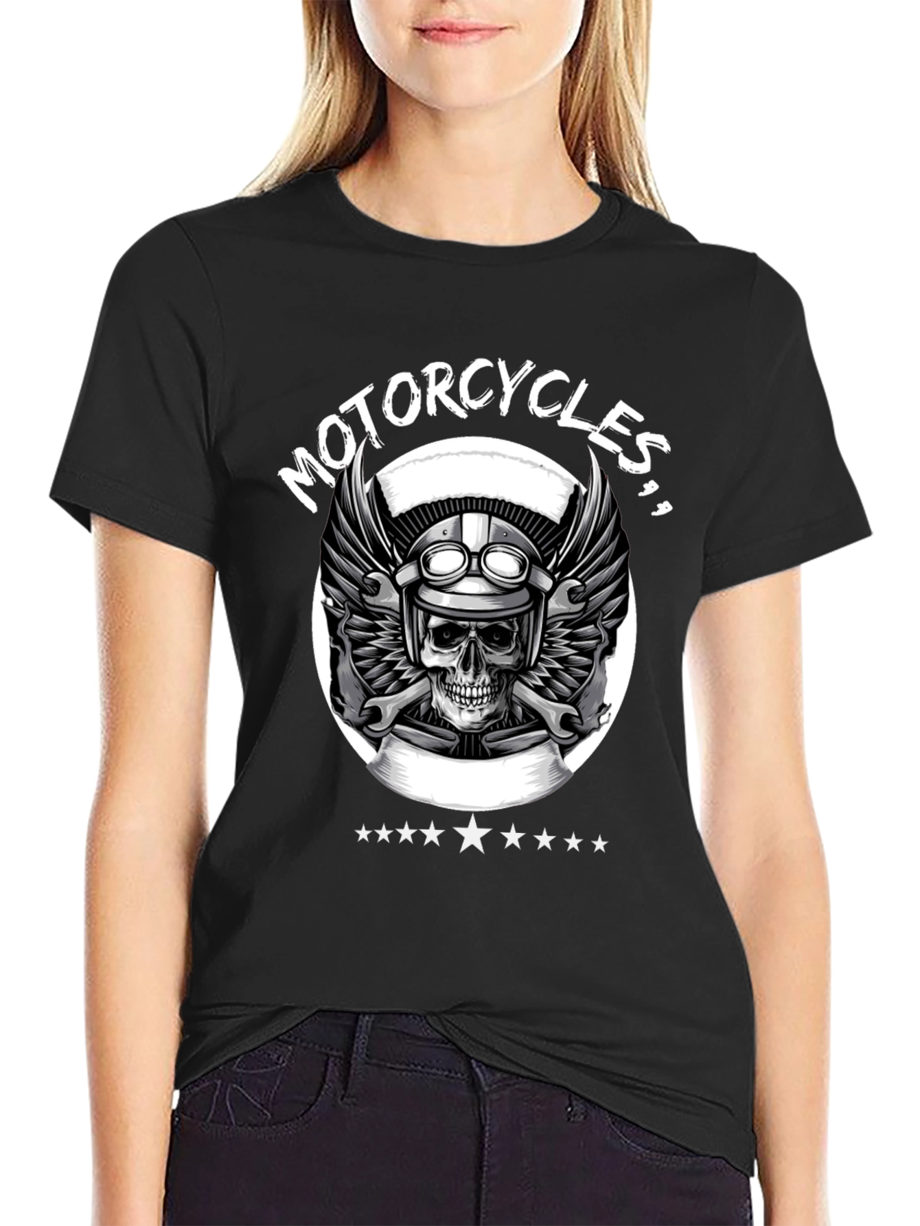 Motorcycle Skull Graphic Tee - Black Biker T-Shirt