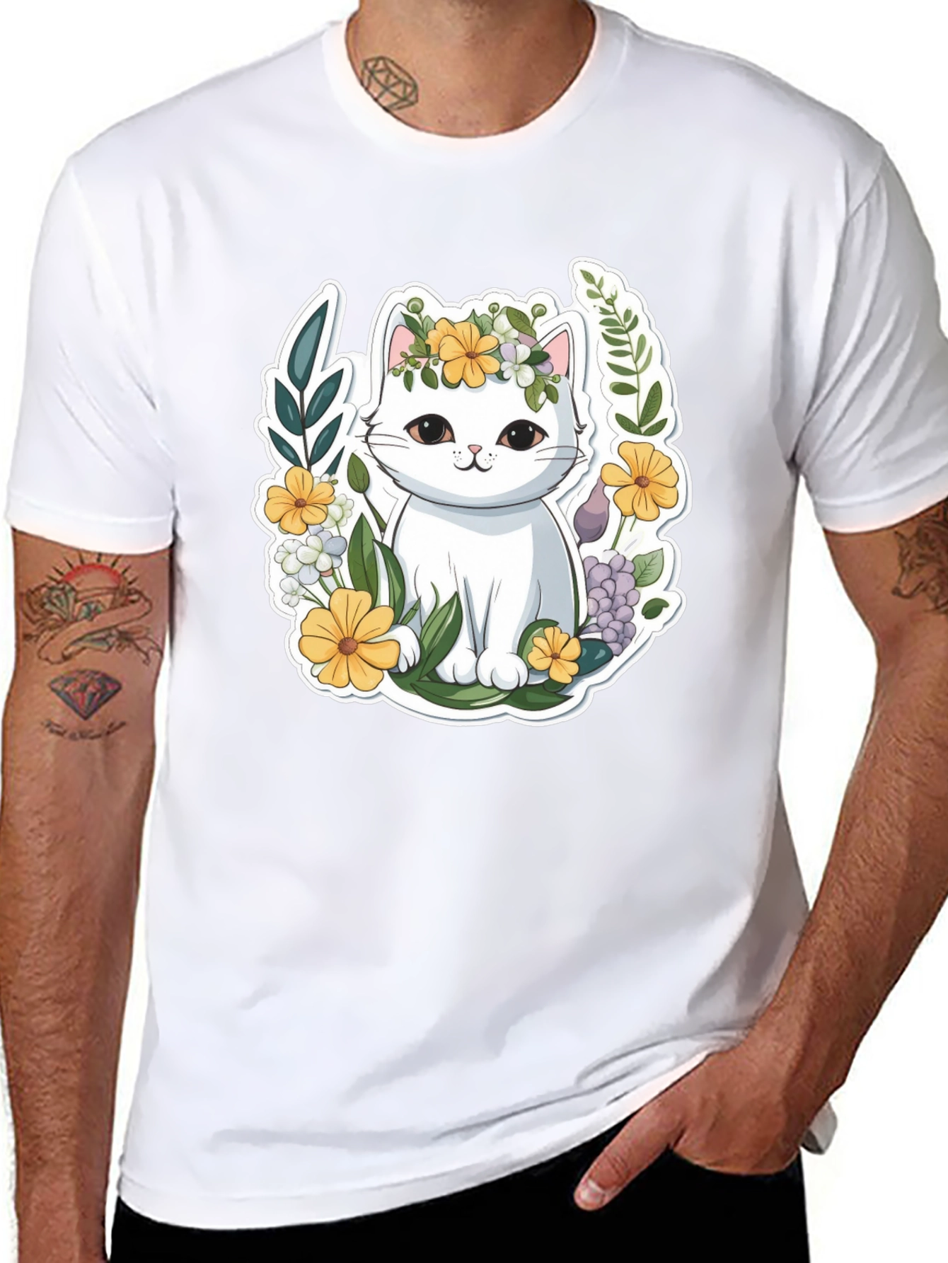 Cute Cat Floral Wreath Graphic Tee