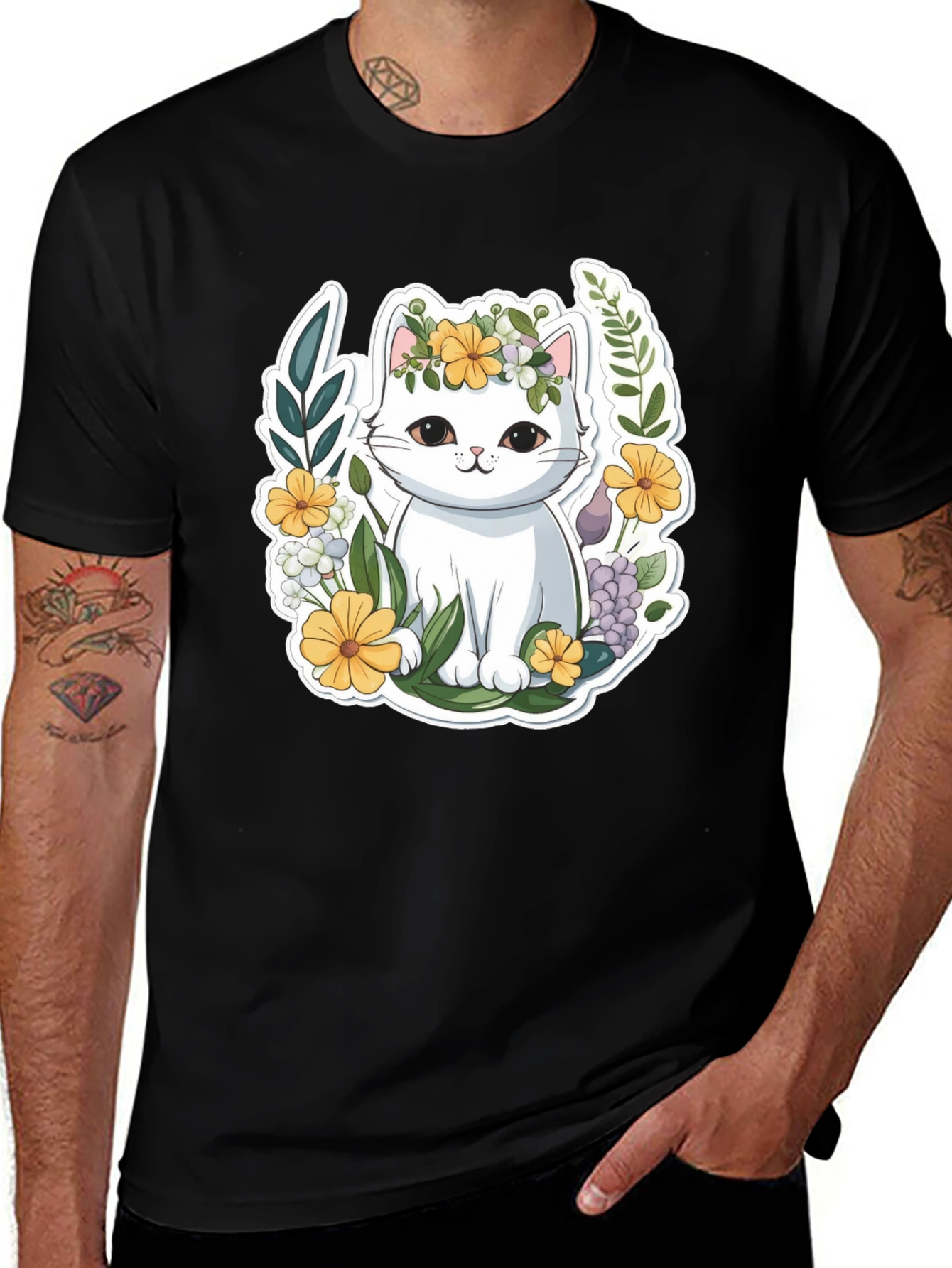 Cute Cat Floral Wreath Graphic Tee
