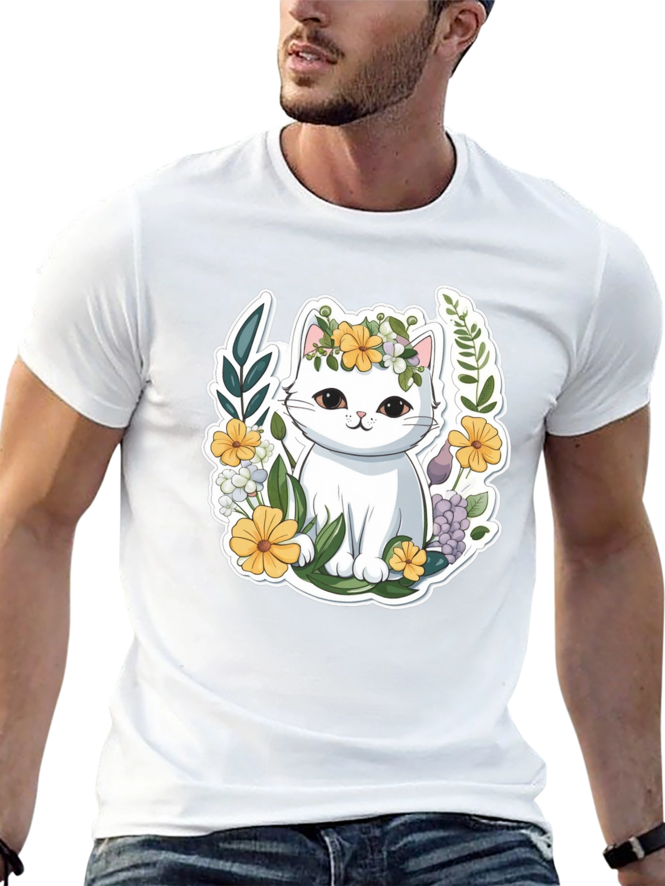 Cute Cat Floral Wreath Graphic Tee