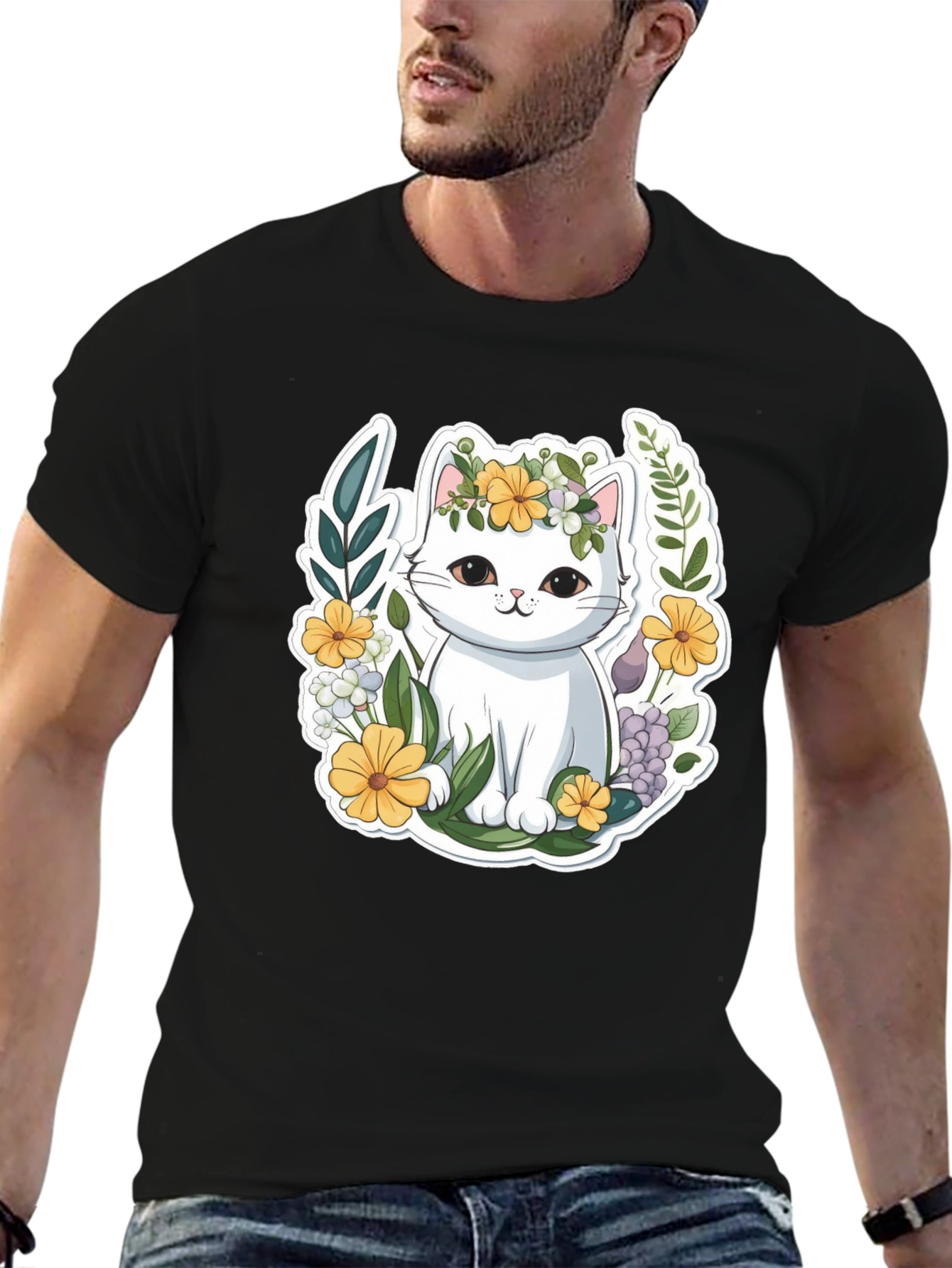 Cute Cat Floral Wreath Graphic Tee