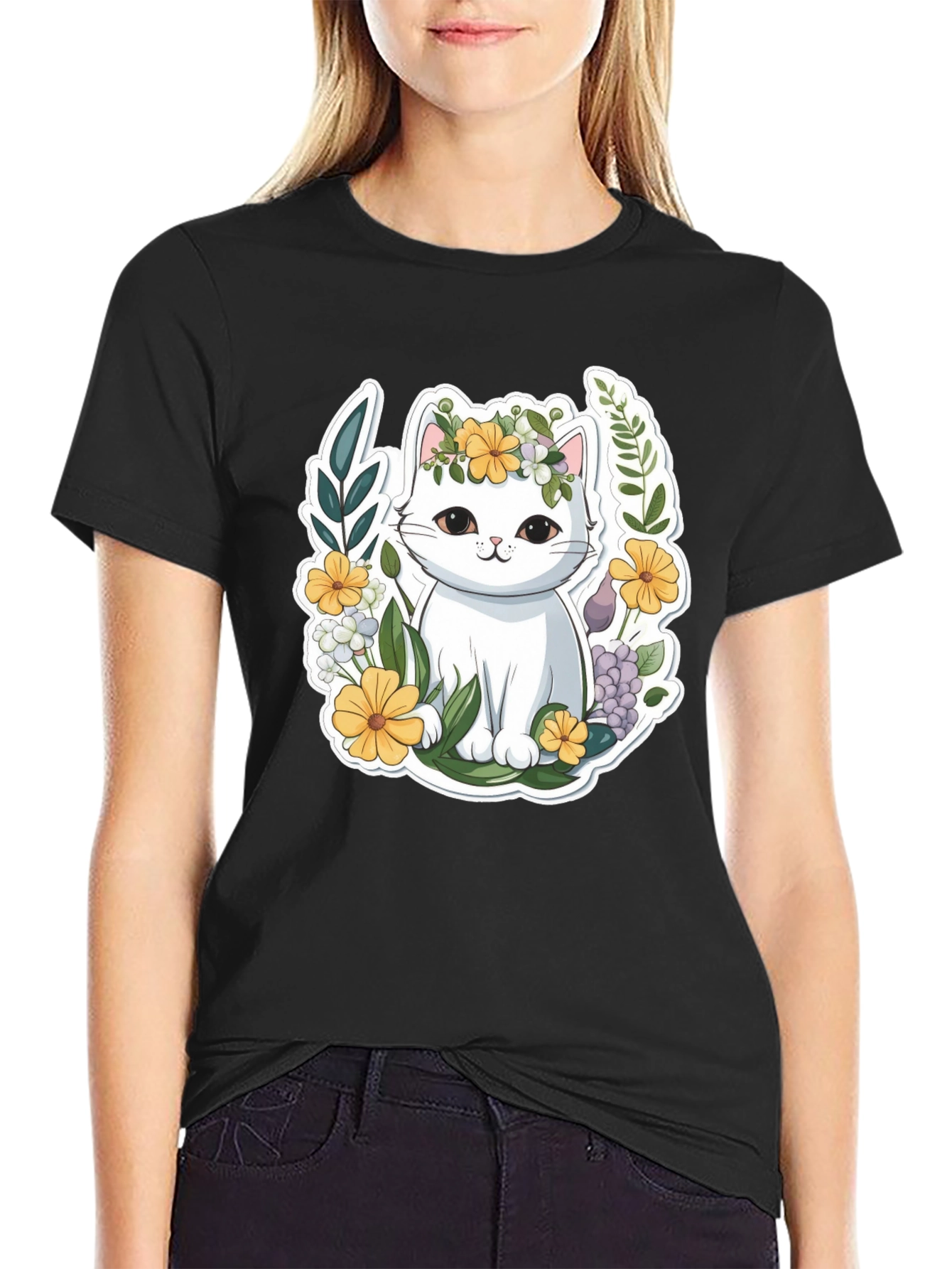 Cute Cat Floral Wreath Graphic Tee