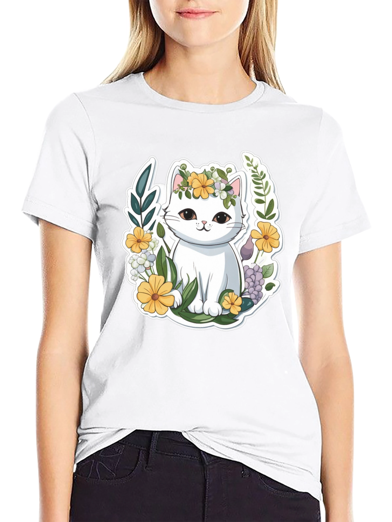 Cute Cat Floral Wreath Graphic Tee