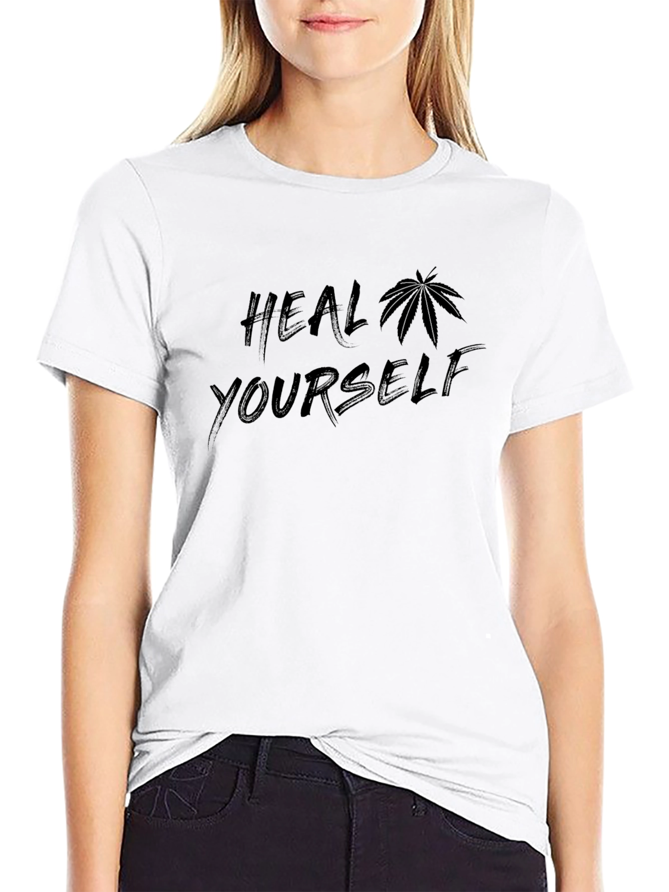 Heal Yourself T-Shirt with Cannabis Leaf Design - Black