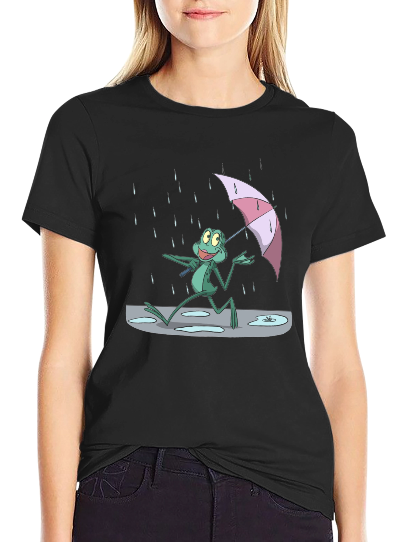 Frog Under Umbrella T-Shirt - Cartoon Print