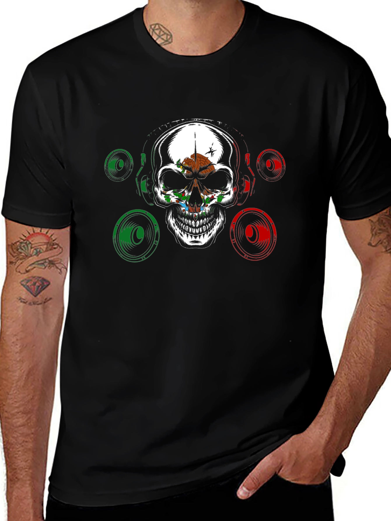 Skull & Speaker Graphic Tee - Mexican Flag Design