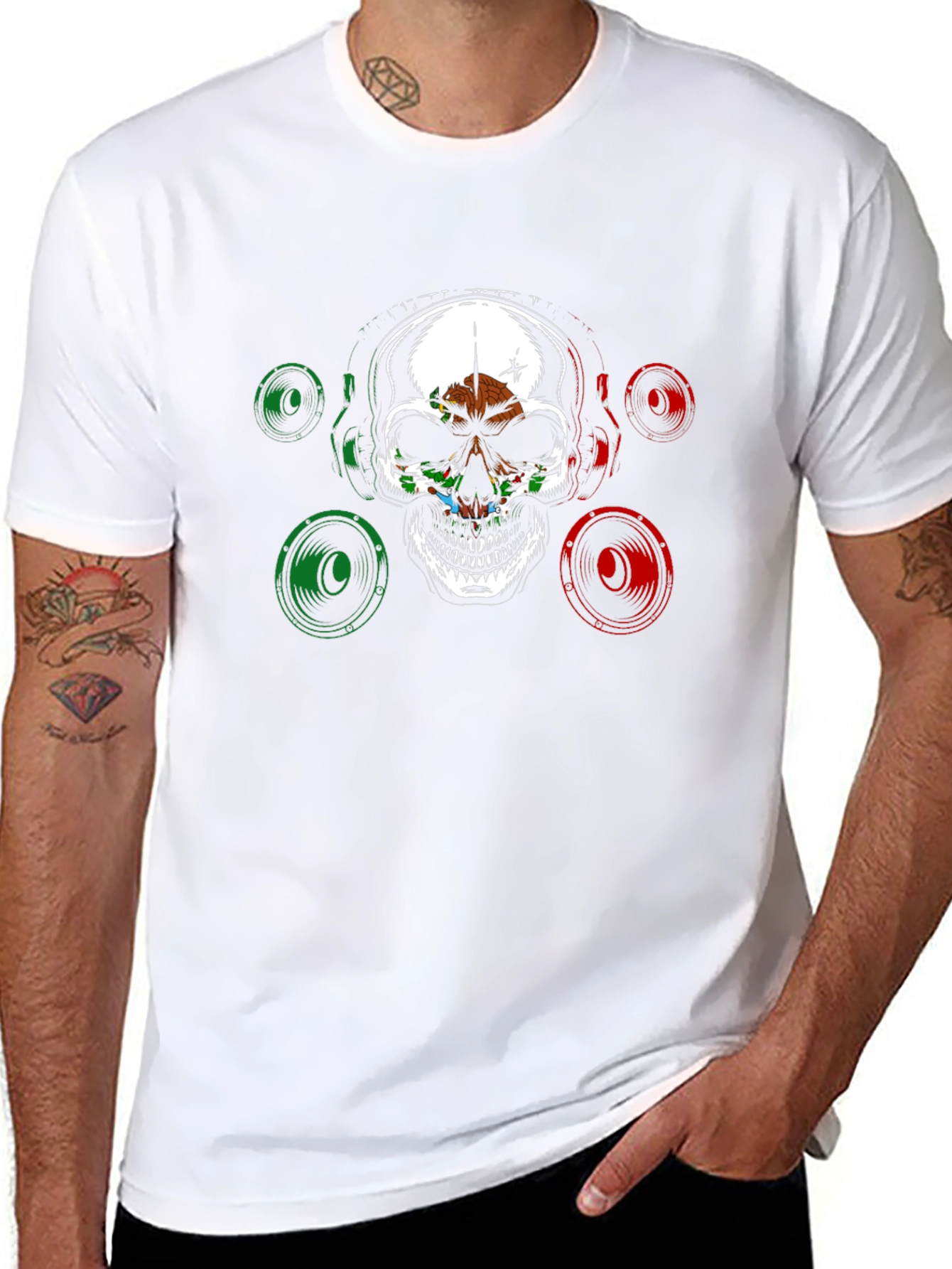 Skull & Speaker Graphic Tee - Mexican Flag Design