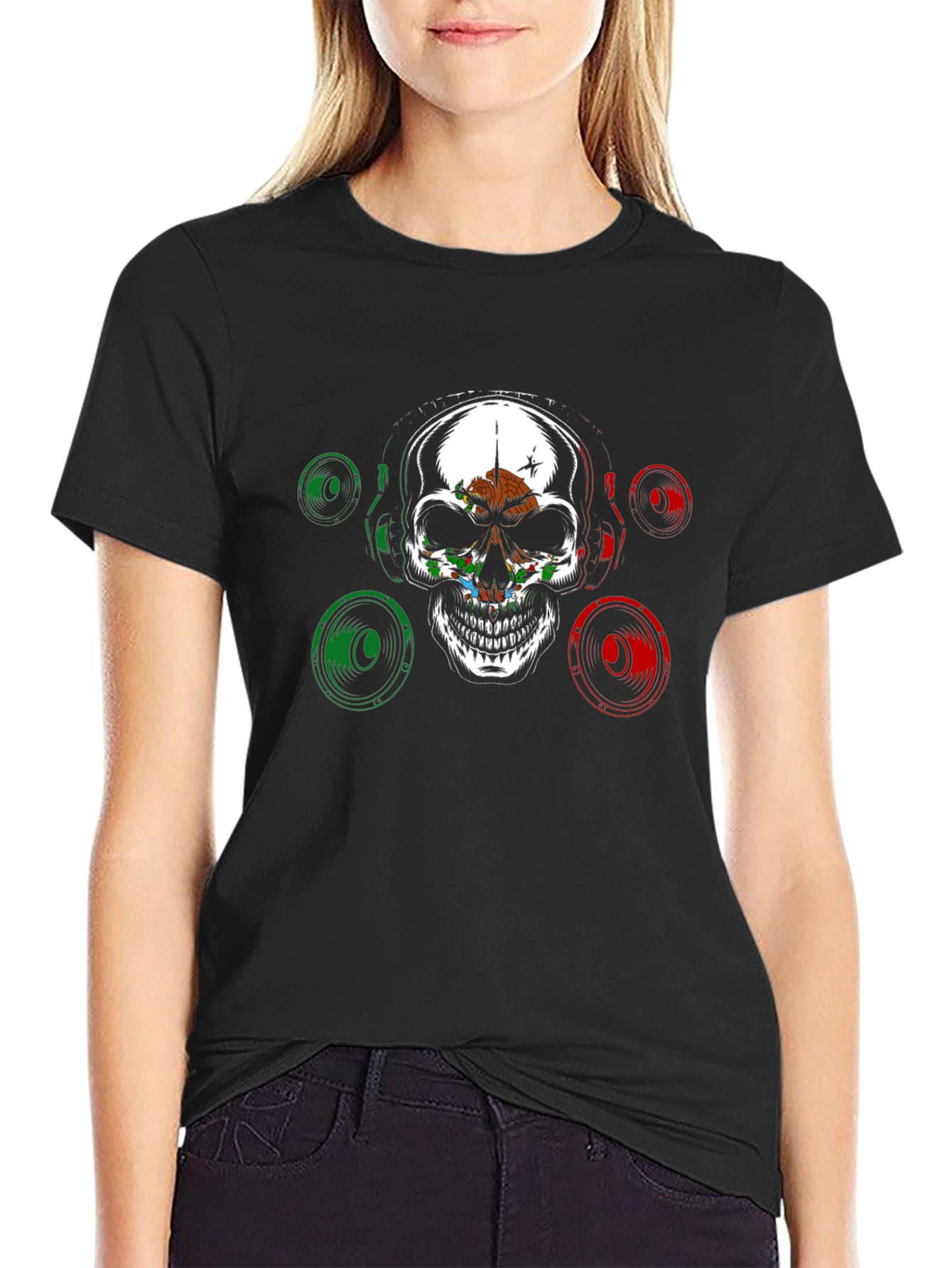 Skull & Speaker Graphic Tee - Mexican Flag Design