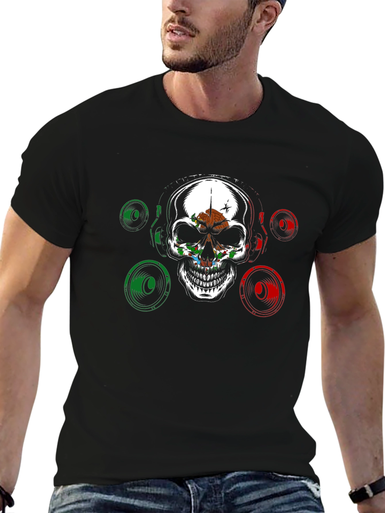 Skull & Speaker Graphic Tee - Mexican Flag Design