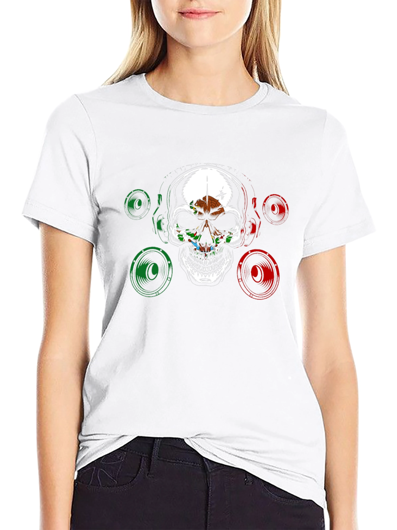 Skull & Speaker Graphic Tee - Mexican Flag Design