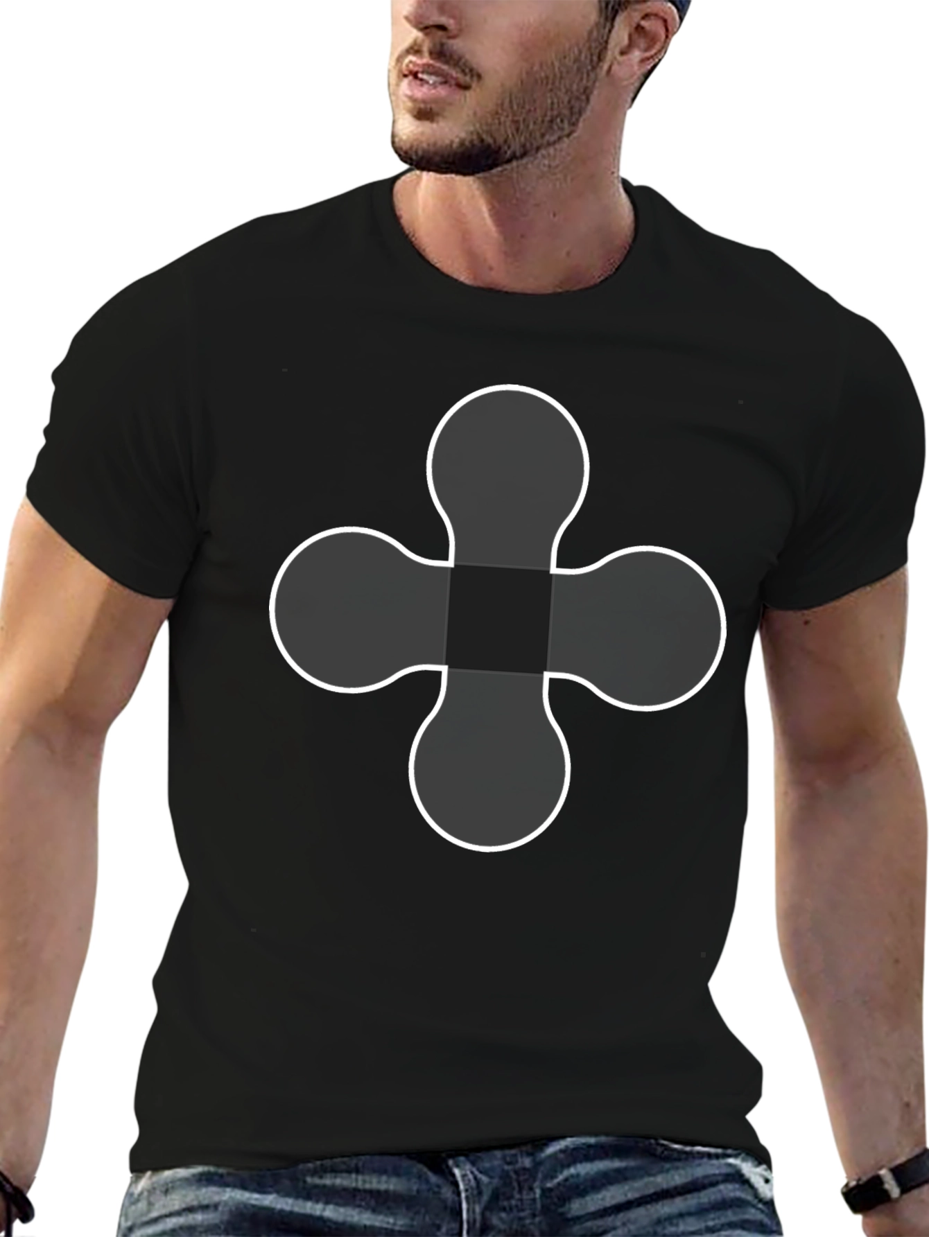 Black T-Shirt with White Four-Leaf Clover Design