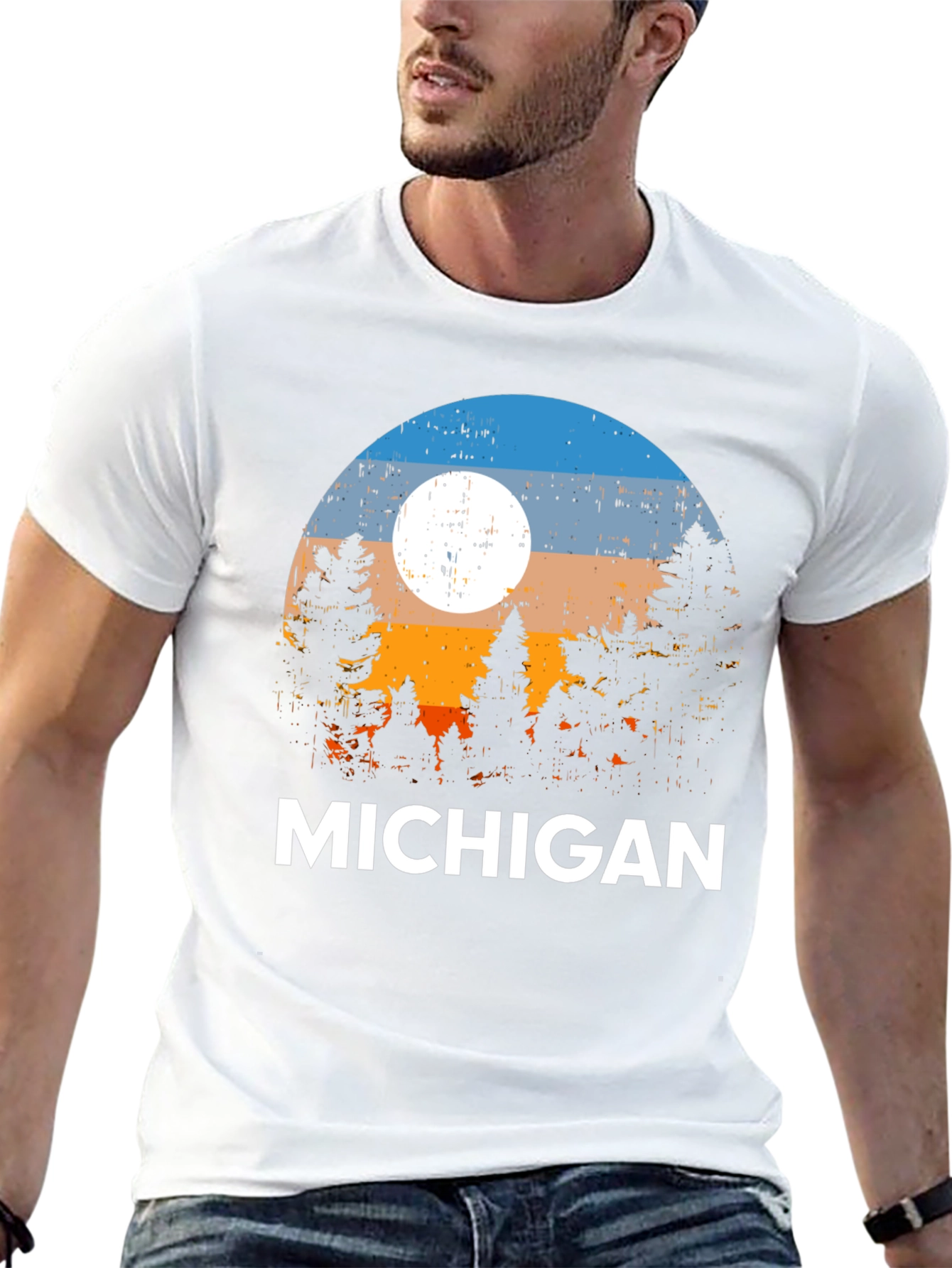 Michigan Forest T-Shirt - Retro Sunset Design
