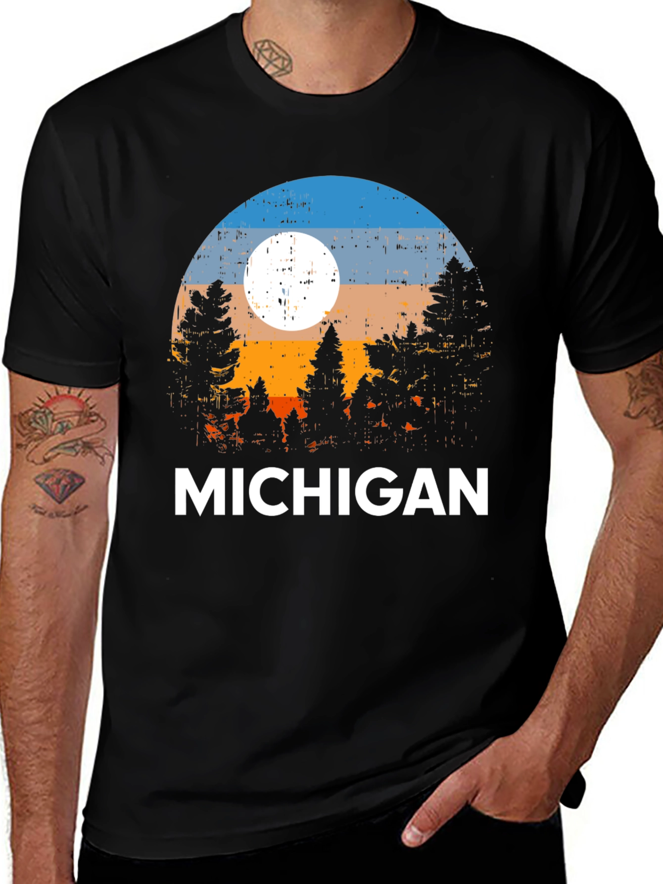 Michigan Forest T-Shirt - Retro Sunset Design