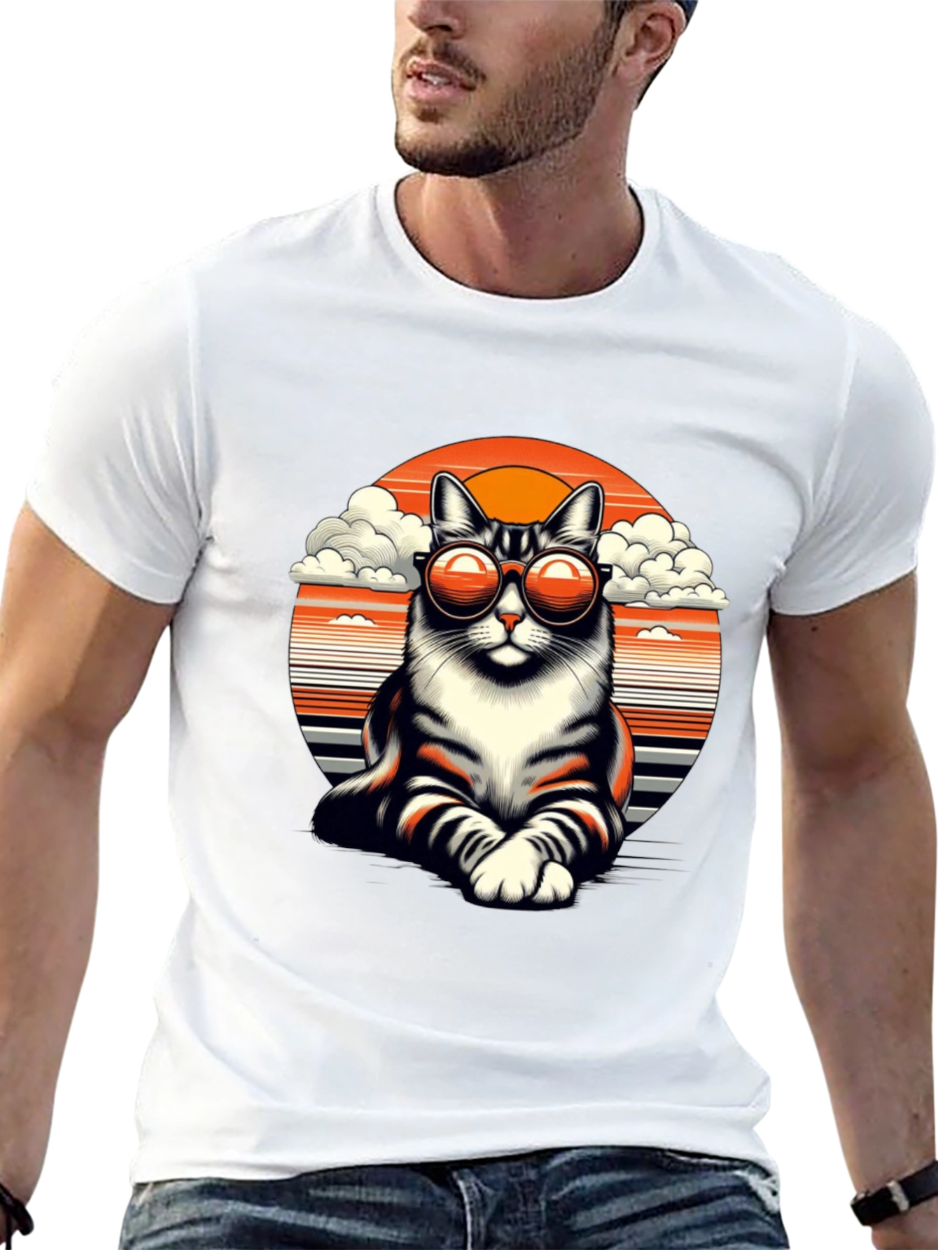 Cool Cat T-Shirt - Retro Sunset Design