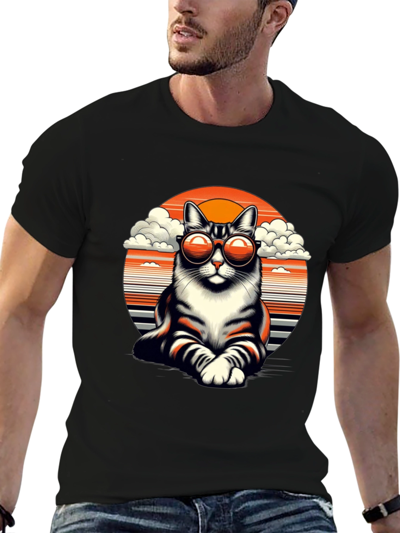 Cool Cat T-Shirt - Retro Sunset Design
