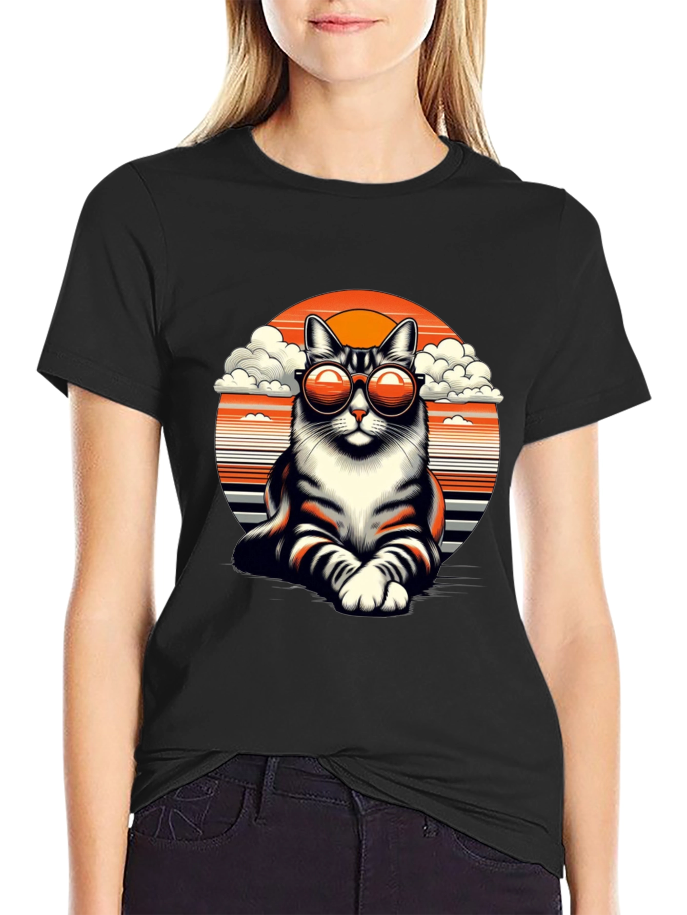 Cool Cat T-Shirt - Retro Sunset Design