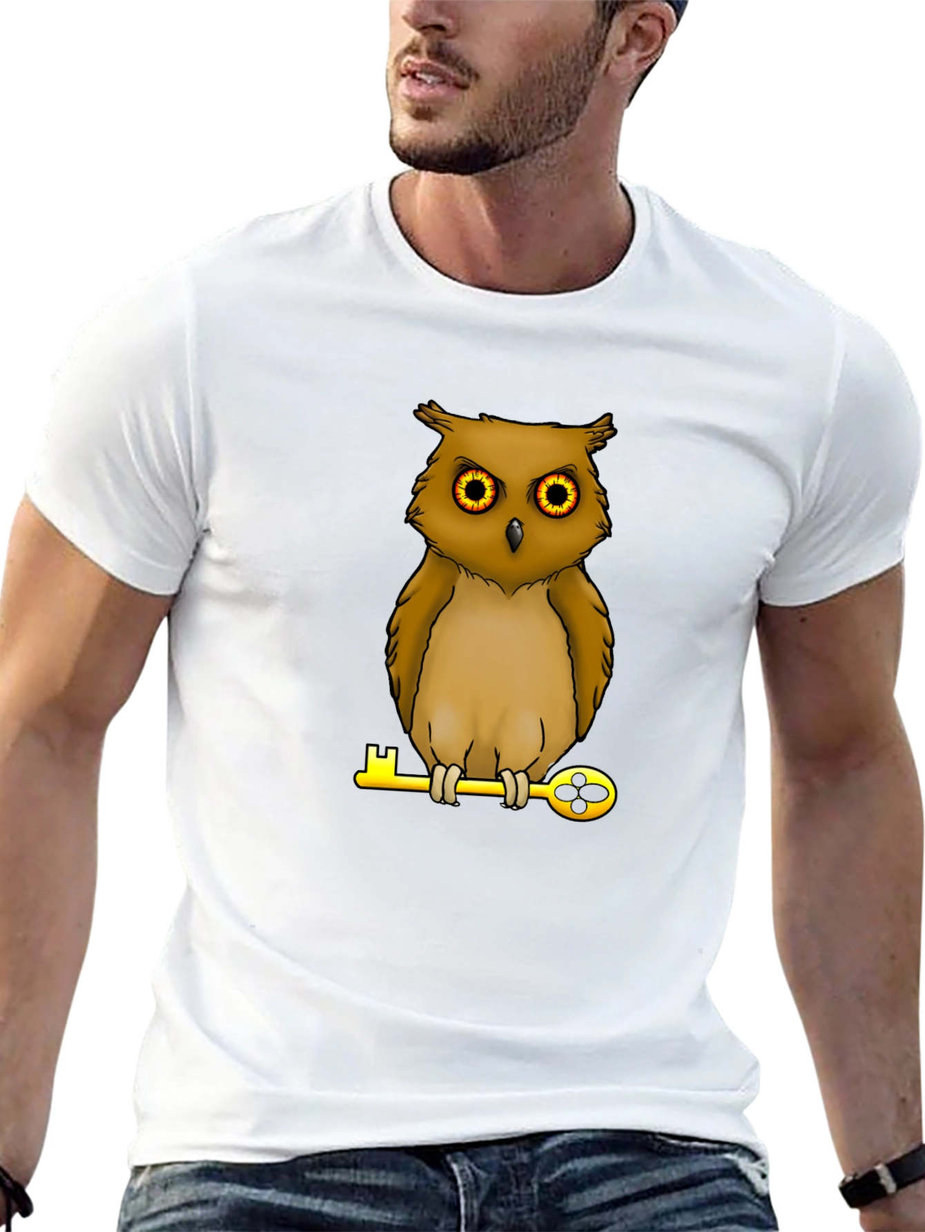 Owl on Key Graphic Tee - Black Cotton T-Shirt