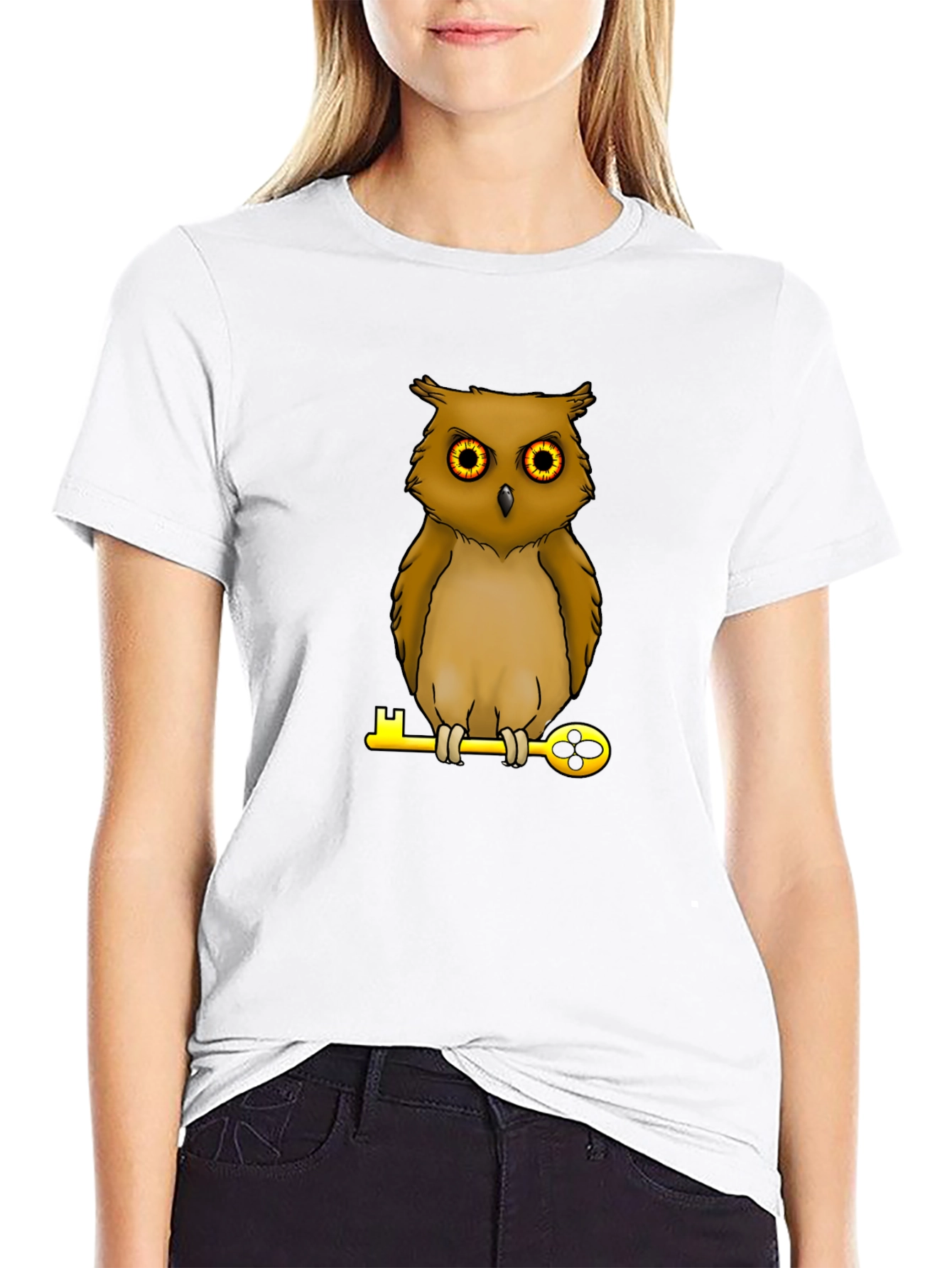 Owl on Key Graphic Tee - Black Cotton T-Shirt