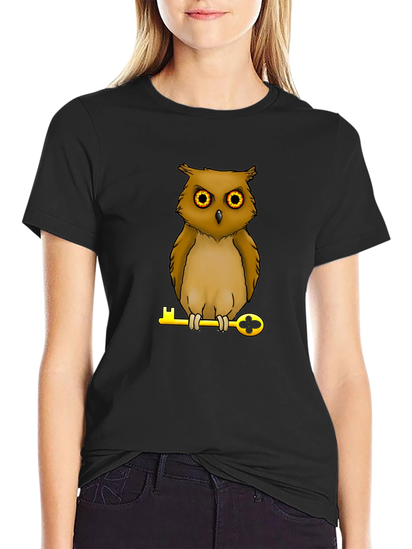 Owl on Key Graphic Tee - Black Cotton T-Shirt