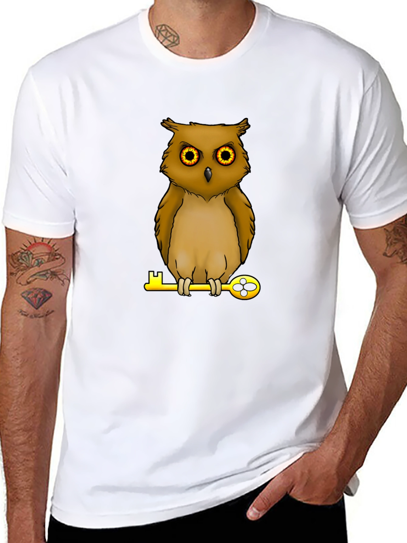 Owl on Key Graphic Tee - Black Cotton T-Shirt