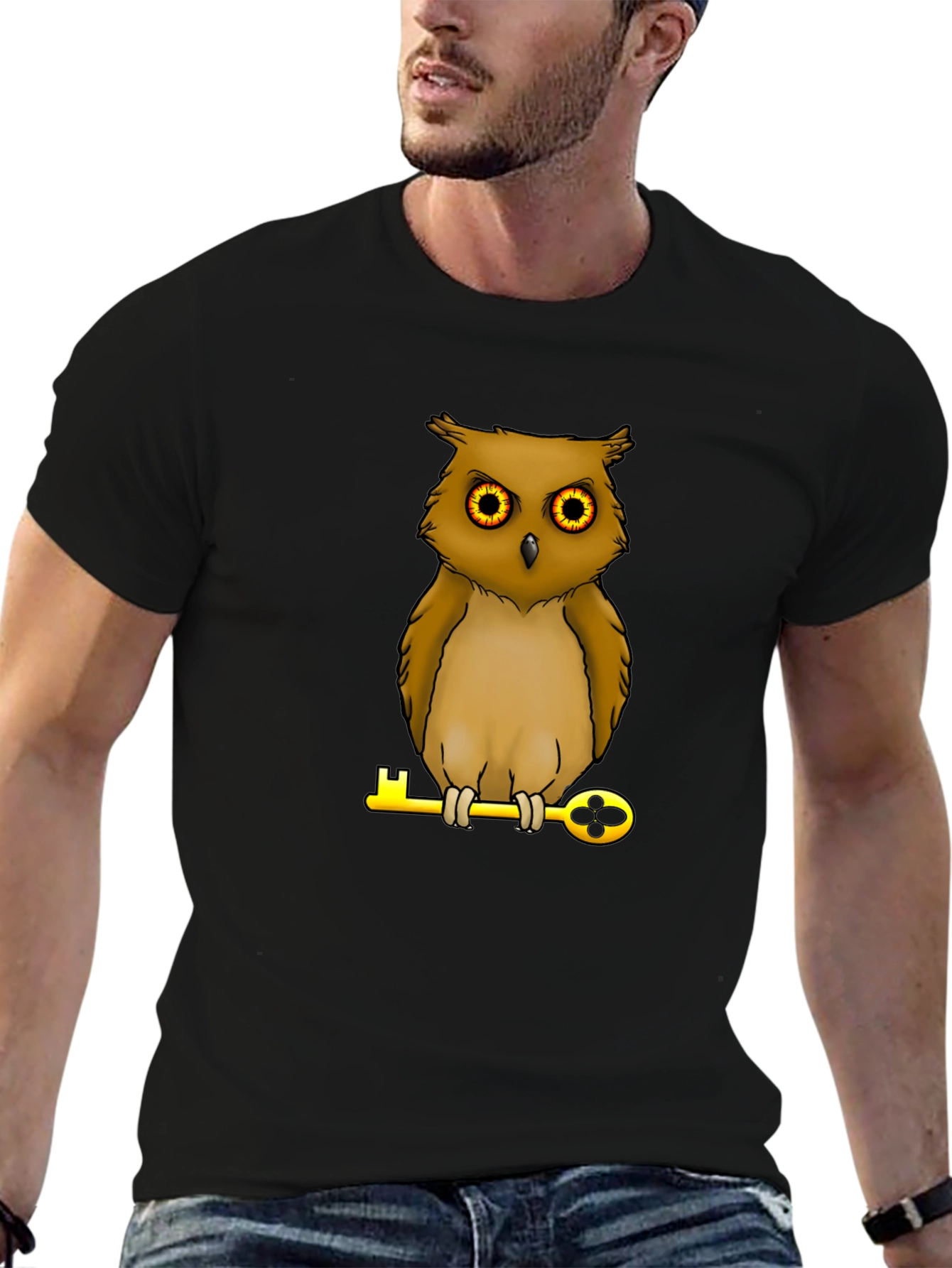 Owl on Key Graphic Tee - Black Cotton T-Shirt
