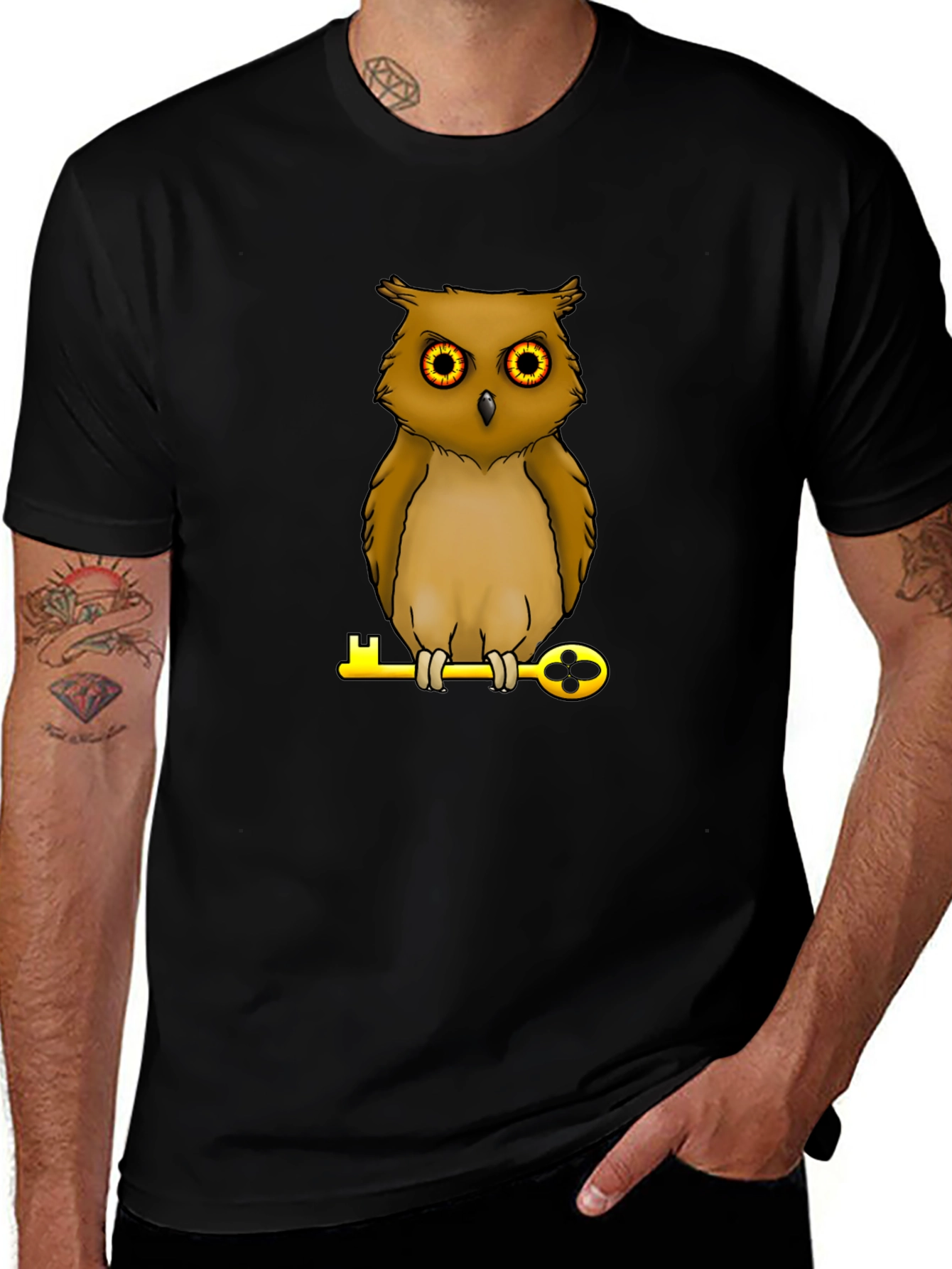 Owl on Key Graphic Tee - Black Cotton T-Shirt