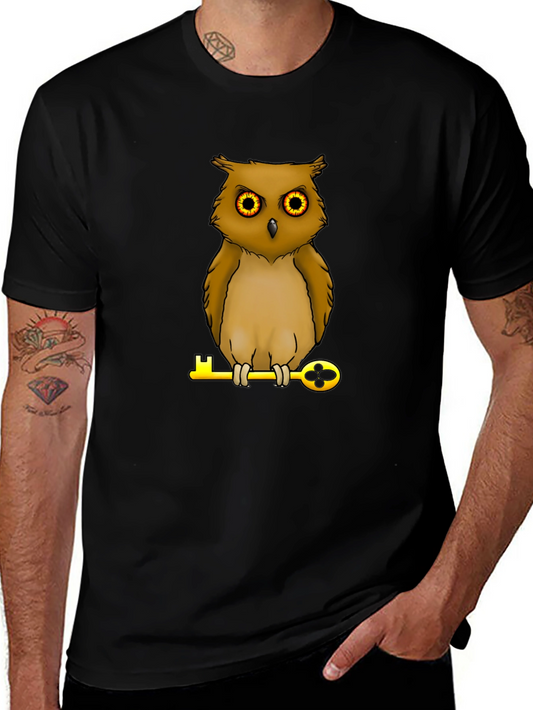 Owl on Key Graphic Tee - Black Cotton T-Shirt
