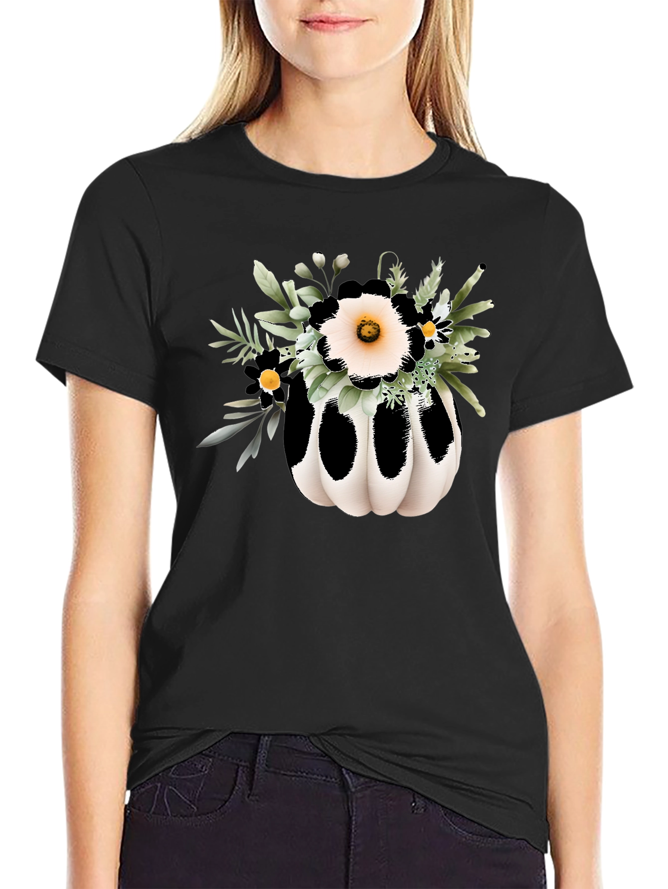 Floral Pumpkin Graphic Tee - Black