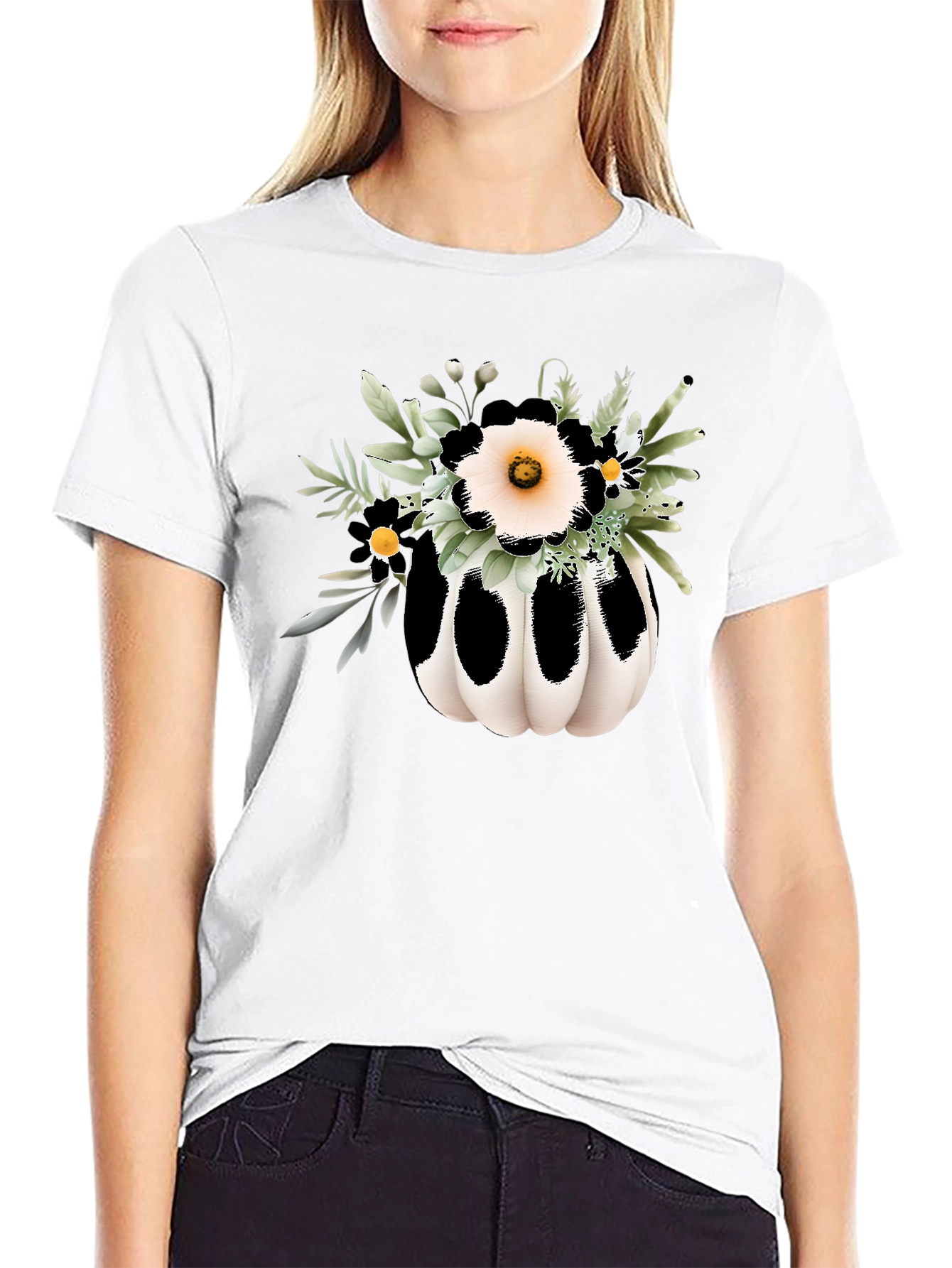 Floral Pumpkin Graphic Tee - Black