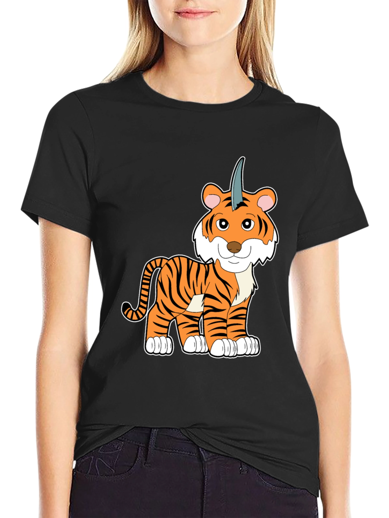 Unicorn Tiger Cartoon Black T-shirt