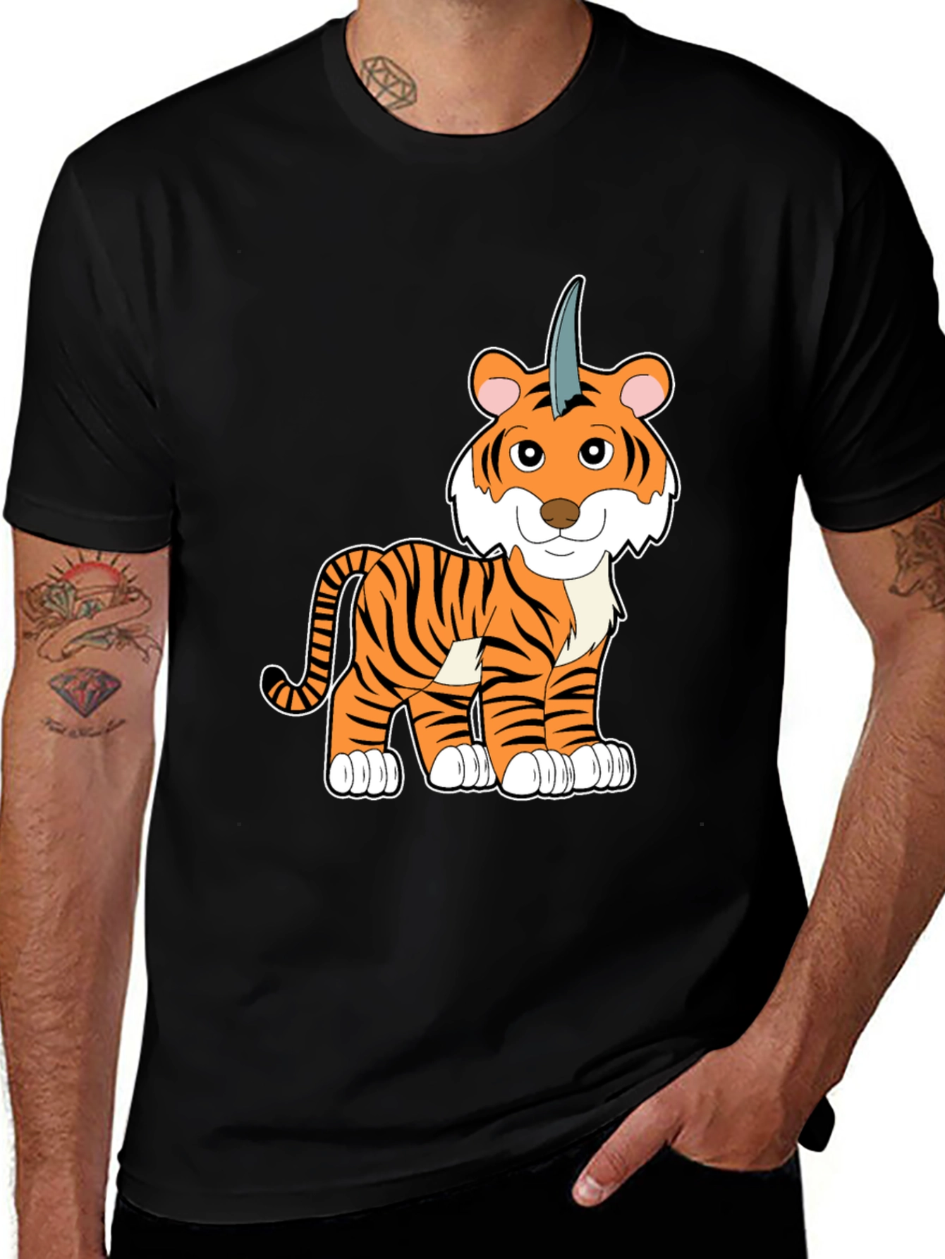 Unicorn Tiger Cartoon Black T-shirt