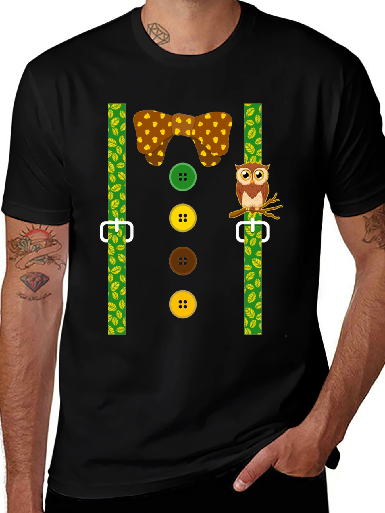Funny Owl Suspender T-Shirt - Novelty Costume Tee