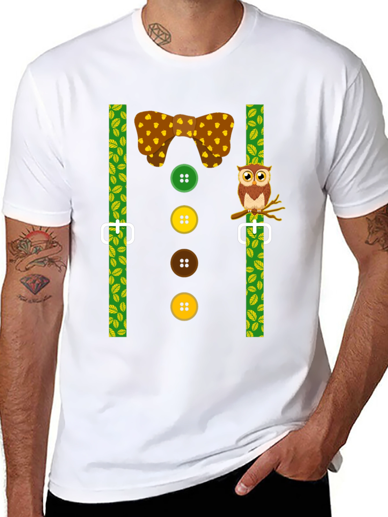 Funny Owl Suspender T-Shirt - Novelty Costume Tee