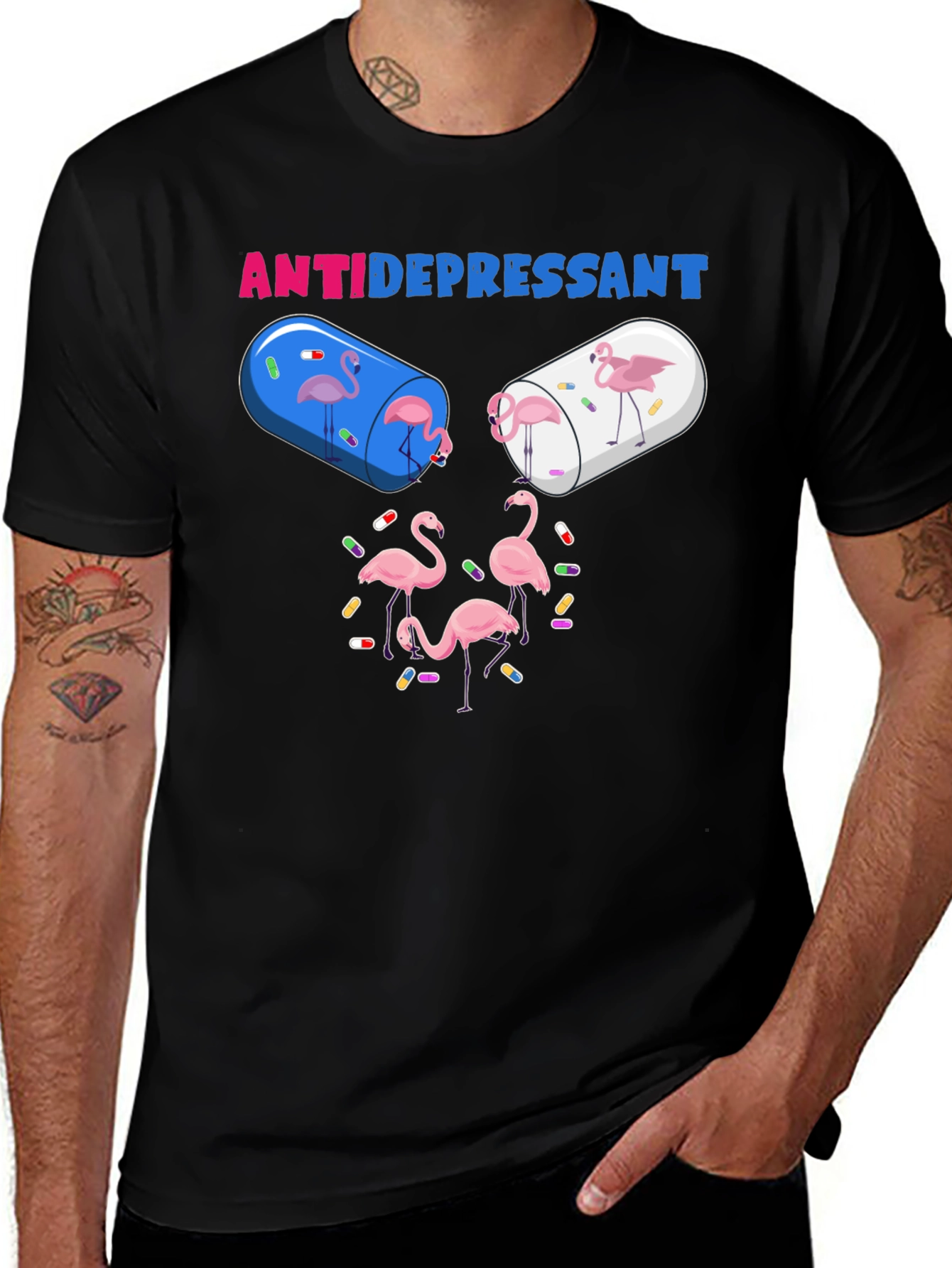 Antidepressant Flamingo Pill Funny Graphic T-Shirt