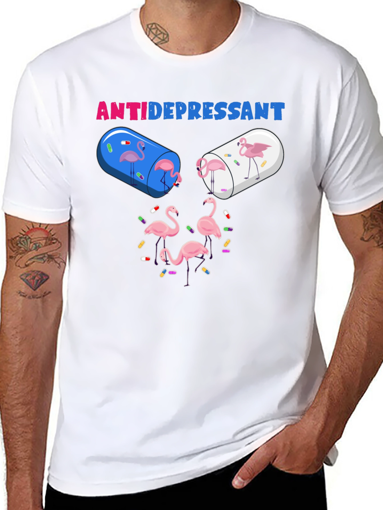 Antidepressant Flamingo Pill Funny Graphic T-Shirt